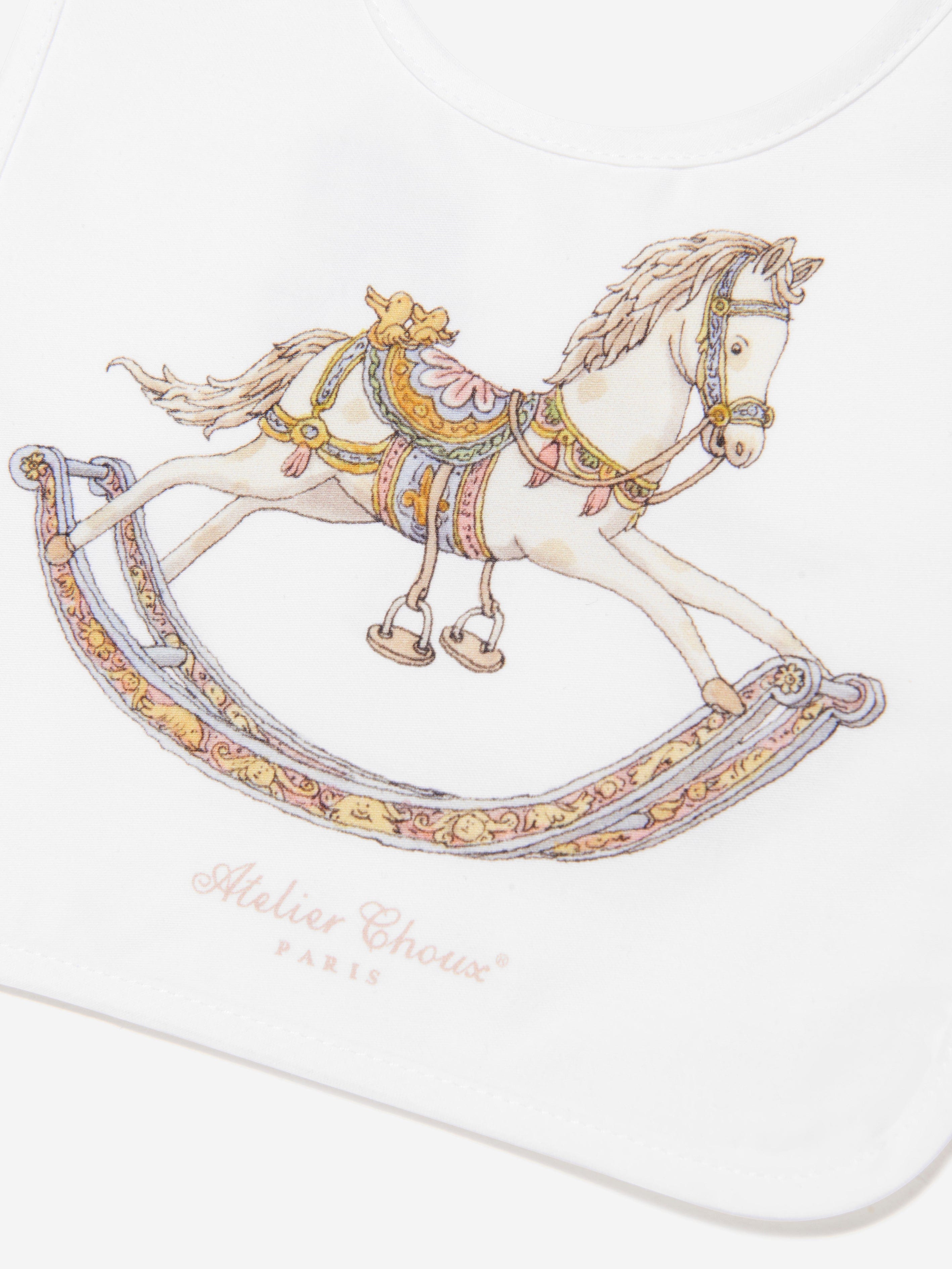 Atelier Choux White Satin Baby Rocking Horse Bib - Soft & Absorbent for Feeding, Playtime & Photo Shoots