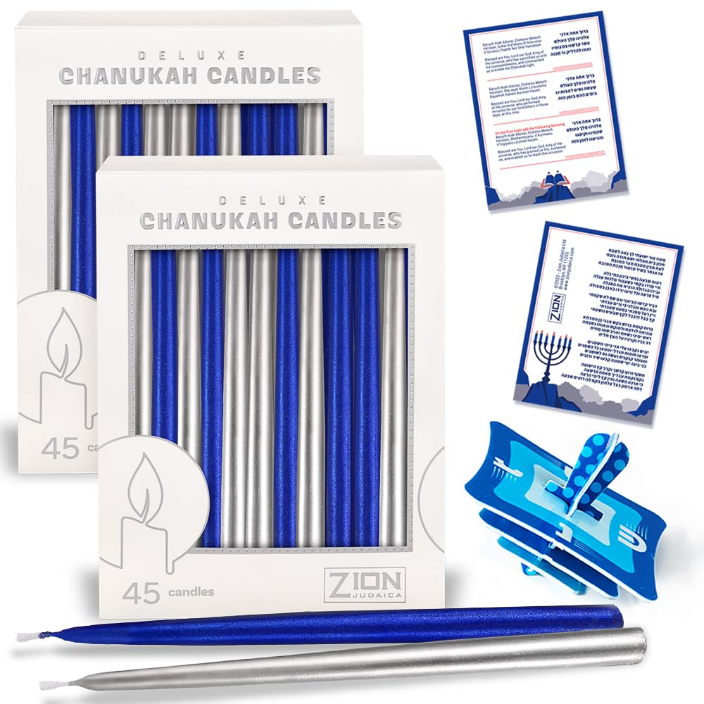 Premium Dripless Hanukkah Candles Set - Metallic Blue & Silver Hand-Dipped Chanukah Candles with DIY Dreidel & Prayer Card - Elegant Menorah Candles for Standard Menorahs - Perfect for Home Decor, Jewish Holidays & Festival Celebrations