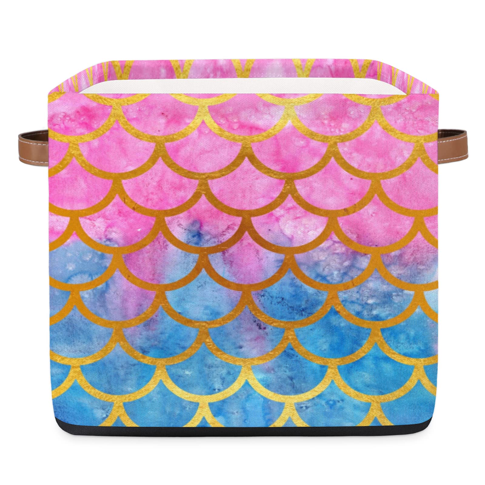 AUUXVA Large 13x13In Collapsible Storage Cube Bin with Handles - Pink Blue Mermaid Scales Fabric Storage Basket for Closet, Shelves, Nursery, Toys | Home Organization Solution for Bedroom, Playroom & Office