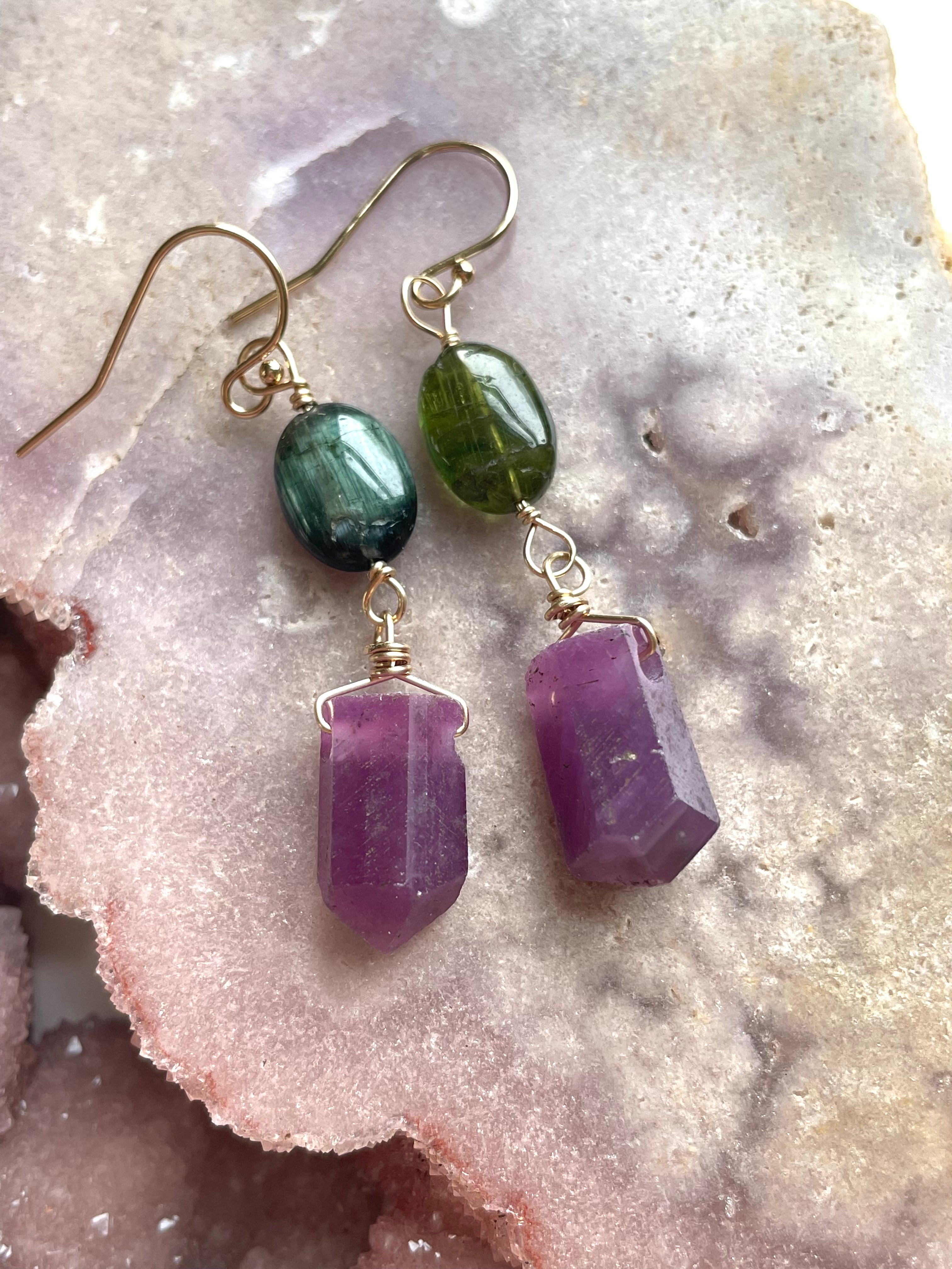 Natural Raw Crystal Dangle Earrings - 14K Gold Plated with Genuine Ruby & Green Tourmaline | Boho Chic Jewelry for Women, Perfect for Weddings, Parties & Everyday Wear