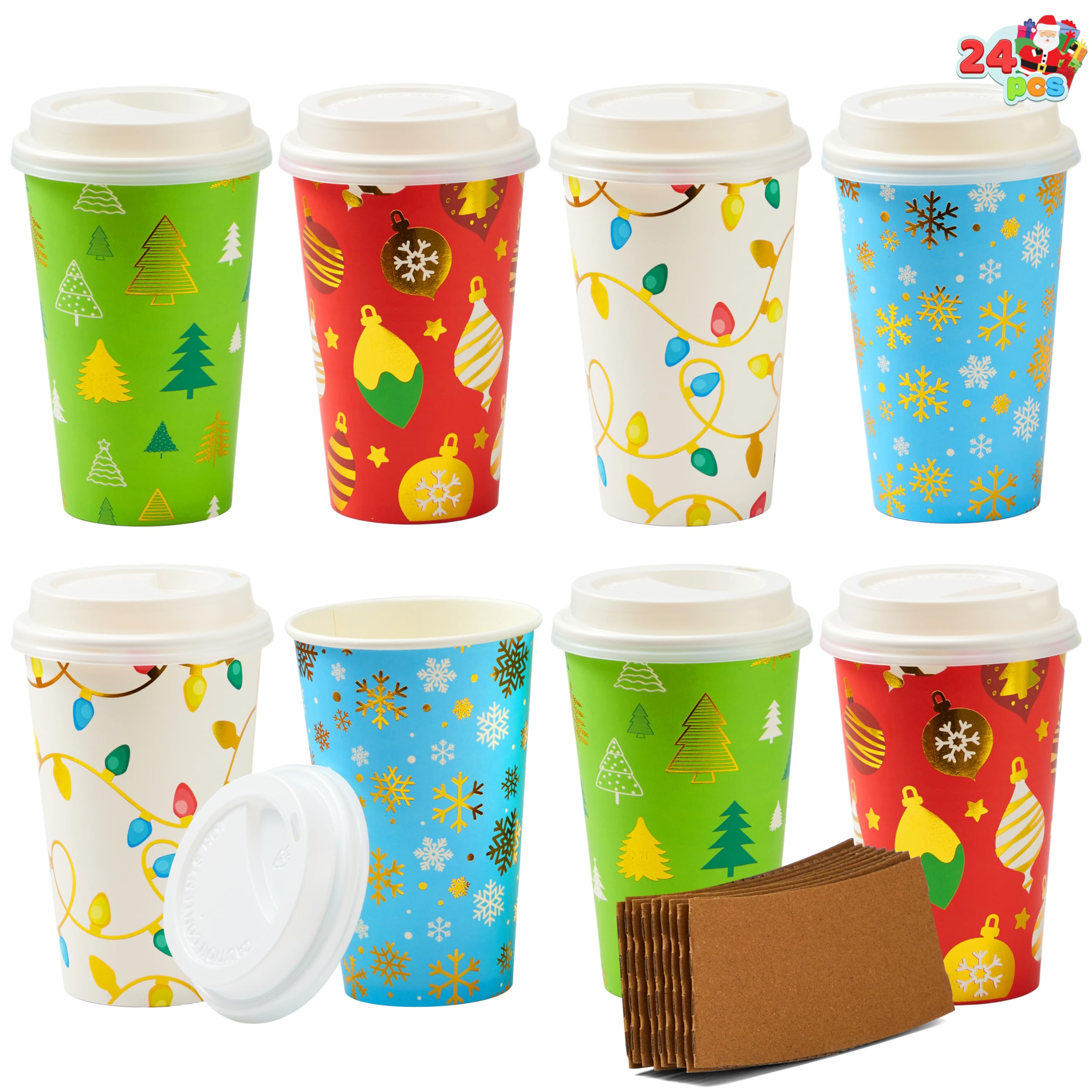 JOYIN 24-Pack 16oz Christmas Disposable Paper Cups with Lids & Sleeves - 4 Festive Designs for Holiday Parties, Winter Drinks & Home Decor - Perfect for Xmas Celebrations, Hot Cocoa, Eggnog & Seasonal Beverages
