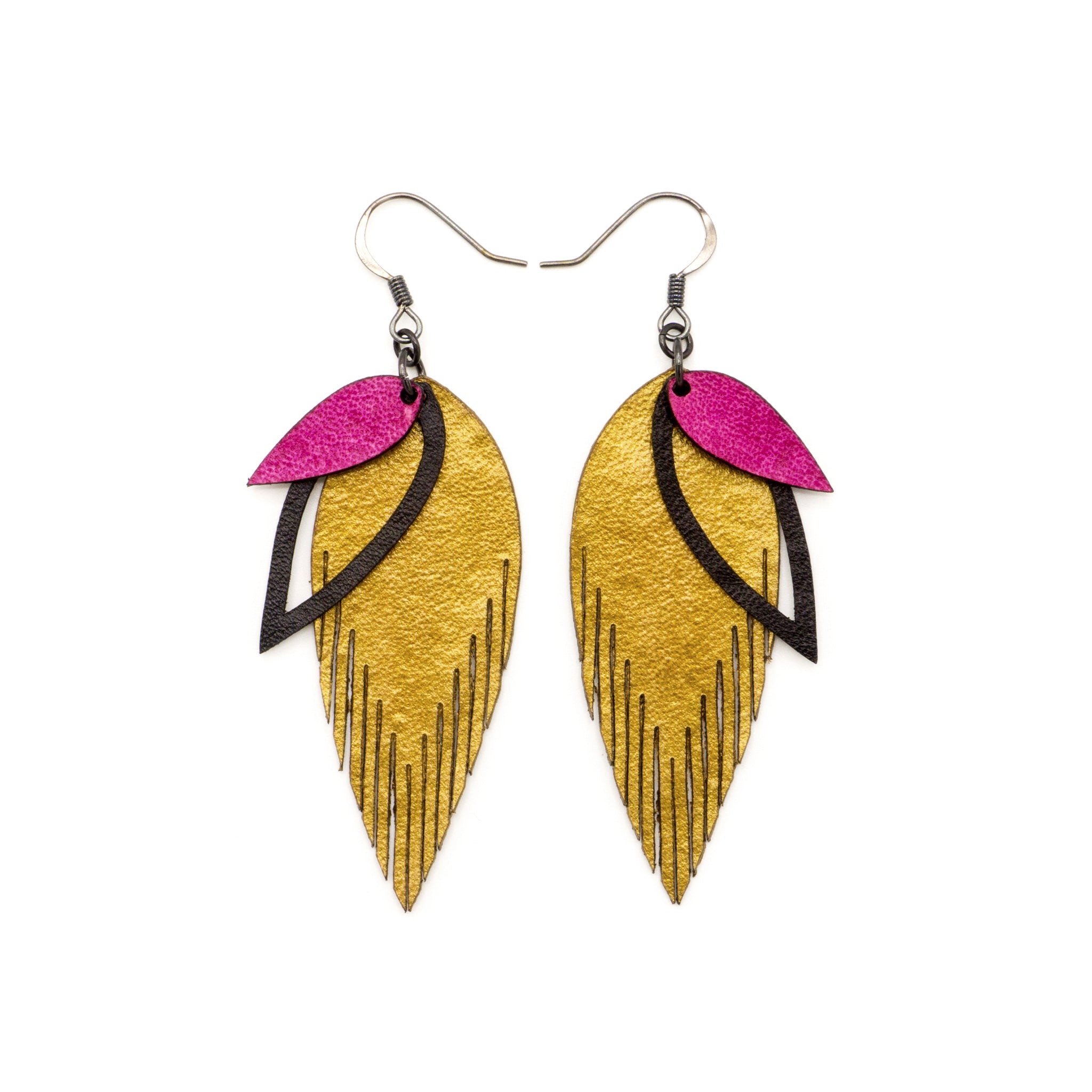 3 Layer Genuine Leather Earrings for Women - Gold, Black, Fuchsia | Boho Chic Handmade Dangle Earrings | Perfect for Parties, Weddings & Everyday Wear