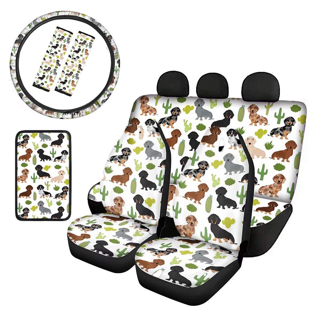 Cute Cartoon Dachshund Car Seat Cover Set - Premium Fabric Protector for Women's Cars - Steering Wheel Cushion, Seat Belt Pads & Console Cover - Universal Fit for Most Auto & SUV Vehicles - Perfect for Road Trips, Daily Commute & Pet Lovers