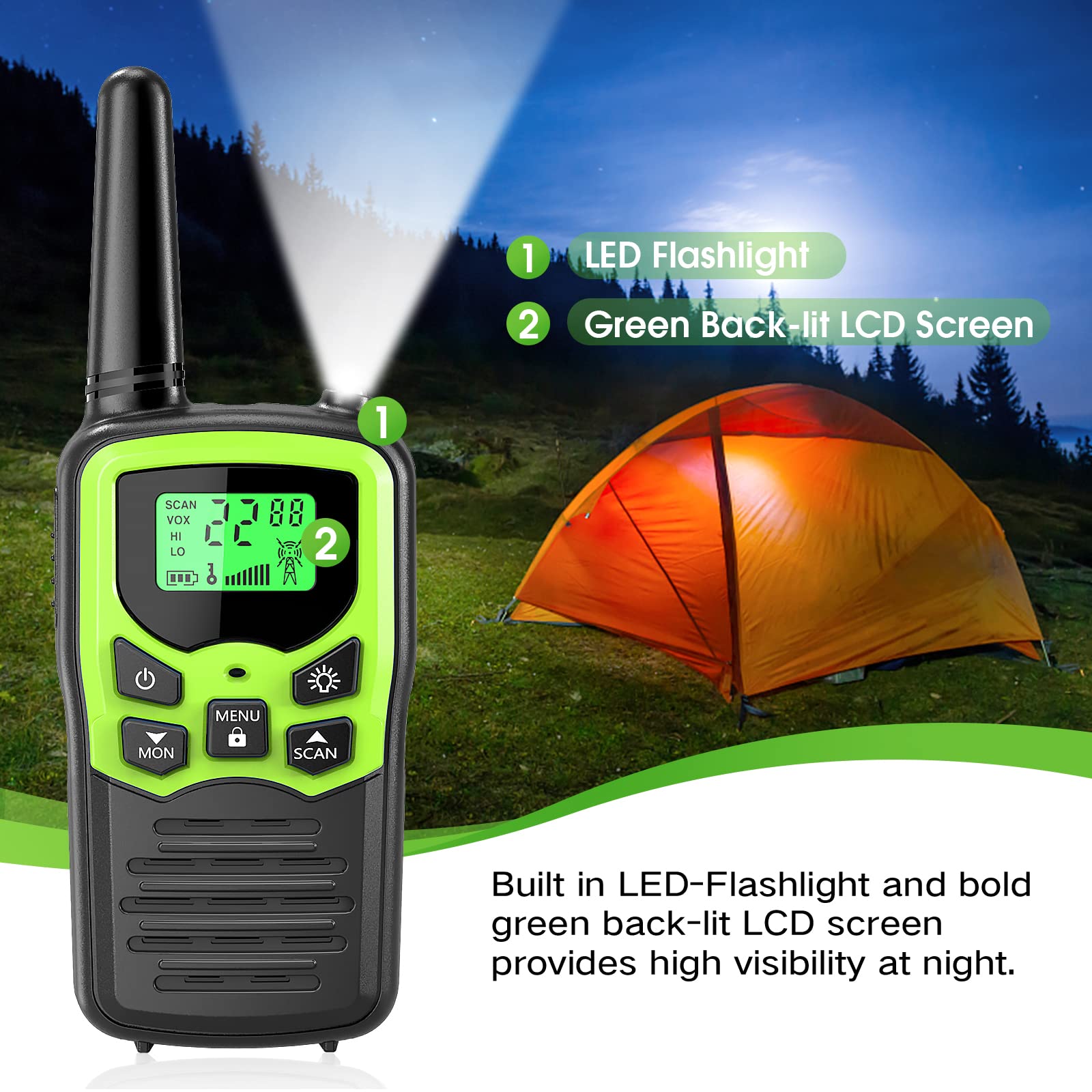 MOICO Long Range Walkie Talkies for Adults - 2 Pack Green Two-Way Radios with 22 FRS Channels, VOX Scan, LCD Display & LED Flashlight - Perfect for Field Communication, Survival Gear, Biking, Hiking and Camping Adventures