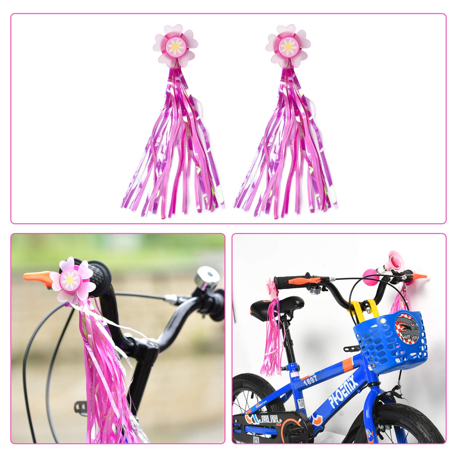 2 Pack Kids Bike Horn & Handle Streamers - Fun Bicycle Bell Accessories for Boys & Girls (Pink) | Safe Cycling Toys for Children's Bikes | Perfect for Birthday Gifts & Outdoor Play