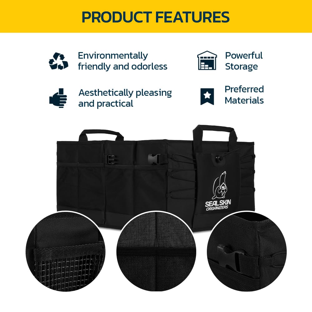 Premium Heavy Duty Collapsible Trunk Organizer for SUV, Car & Truck - 3 Adjustable Sizes, Lightweight & Portable Vehicle Storage - Easy Install Organizer for Travel, Camping & Road Trips - Black