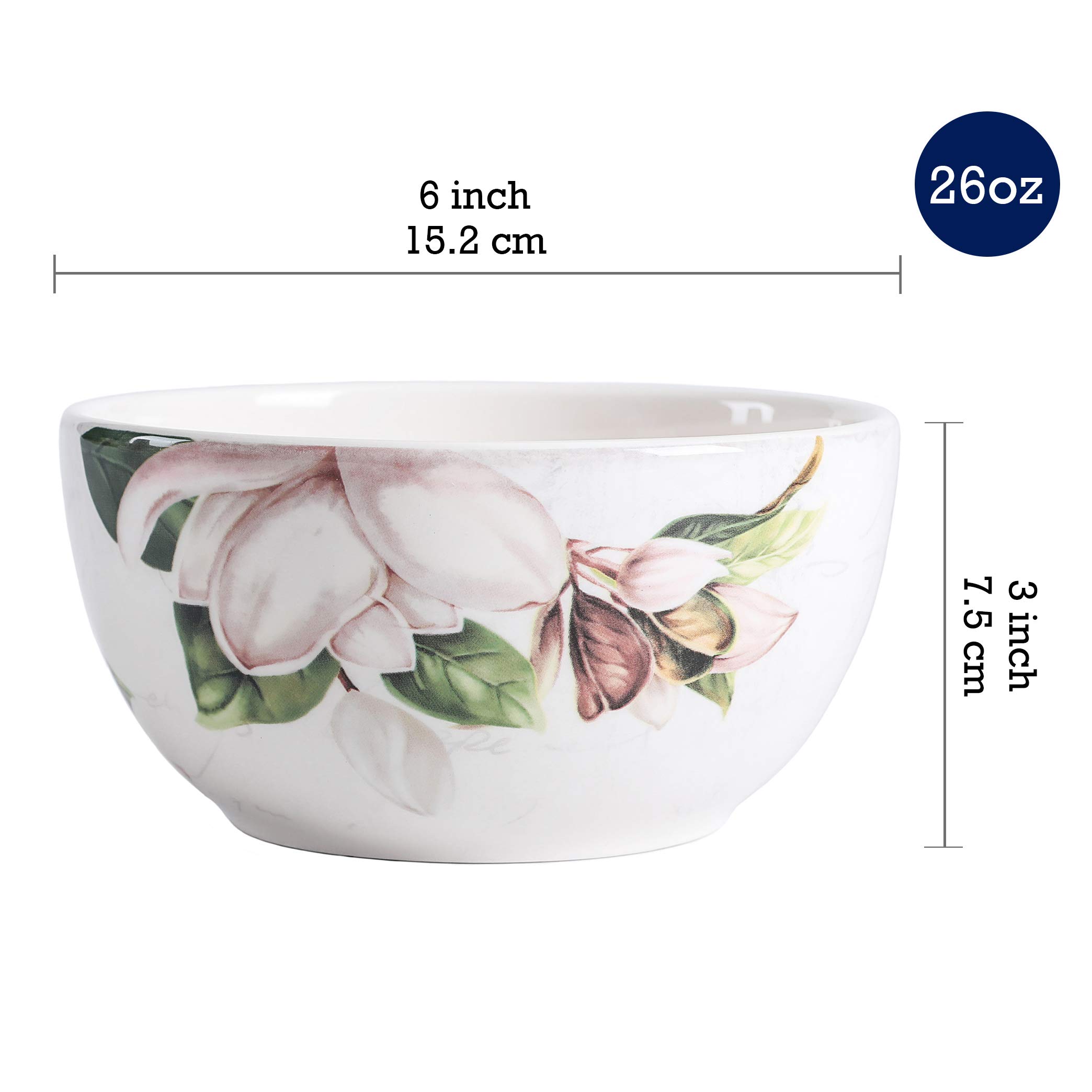 Bico Magnolia Floral Ceramic Bowls Set of 4 (26oz) - Microwave & Dishwasher Safe Pasta, Salad, Cereal & Soup Bowls - Perfect for Dining, Entertaining & Everyday Kitchen Use