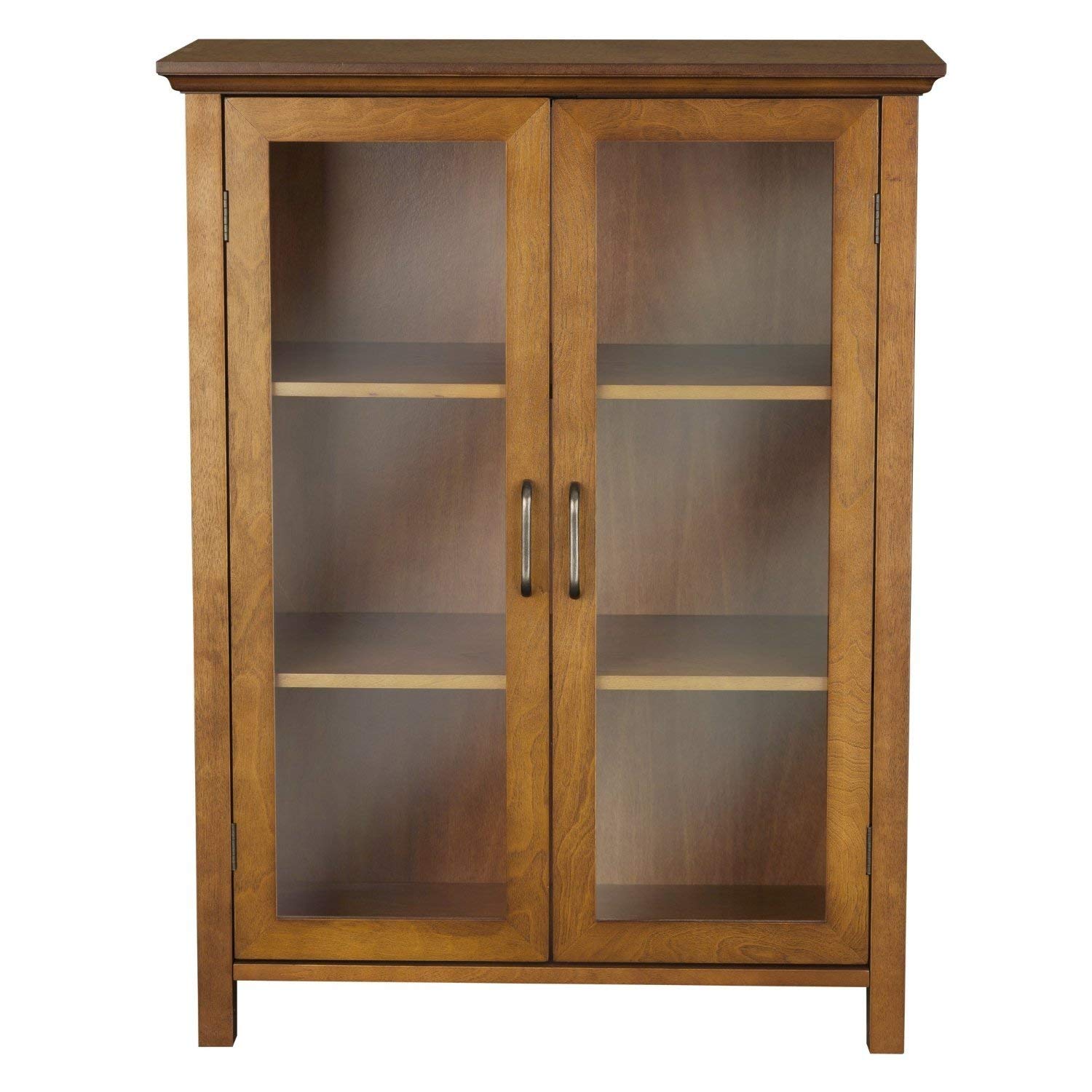 Oak Finish Bathroom Floor Cabinet with 2 Glass Doors & Storage Shelves - Modern Bathroom Storage Organizer for Towels, Toiletries & Cosmetics - Perfect for Small Bathrooms, Powder Rooms & Vanity Areas