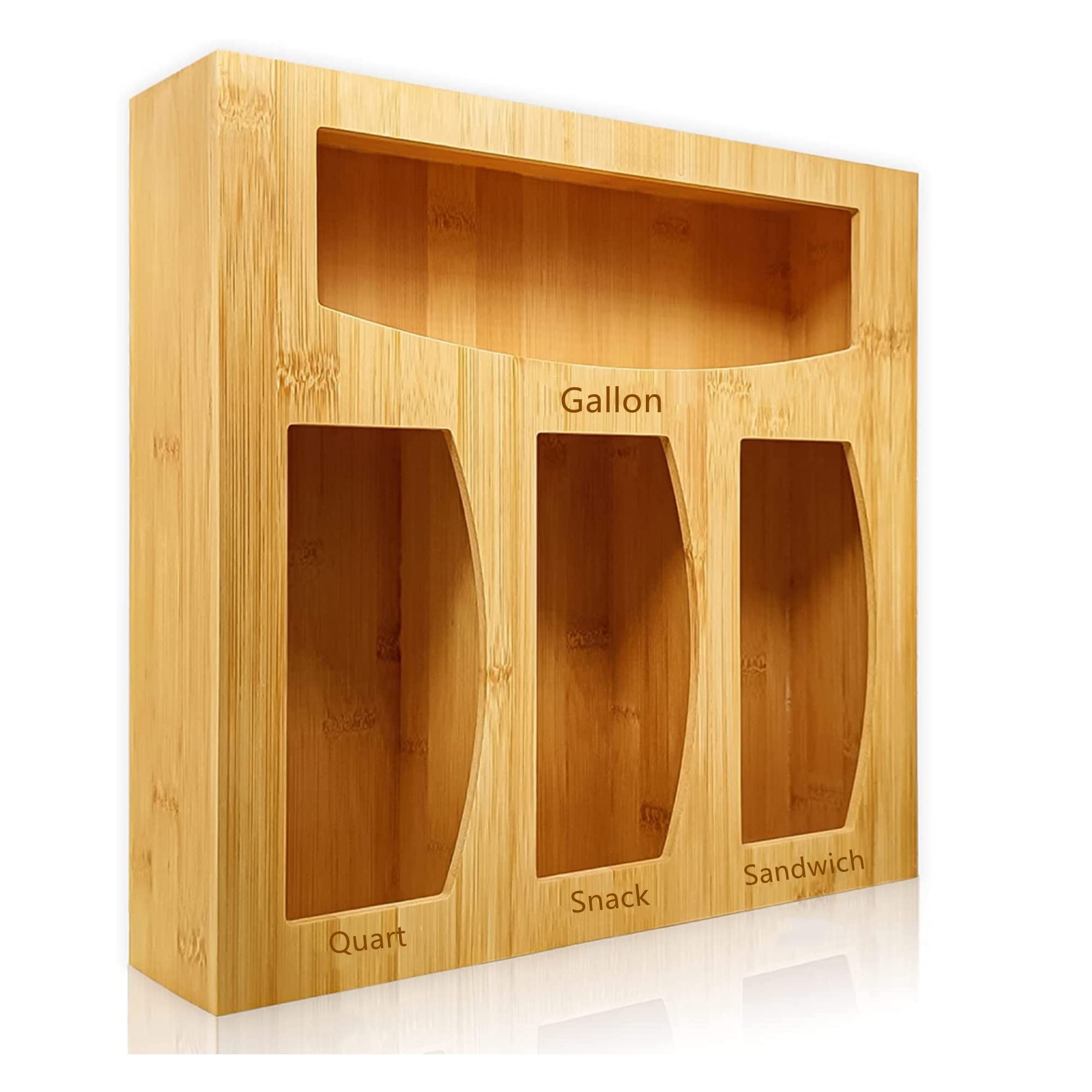 Bamboo Kitchen Drawer Organizer for Food Storage Bags - 4-Slot Holder for Gallon, Quart, Sandwich & Snack Bags (Fits Solimo, Glad, Hefty) - Perfect for Pantry Organization & Easy Bag Access