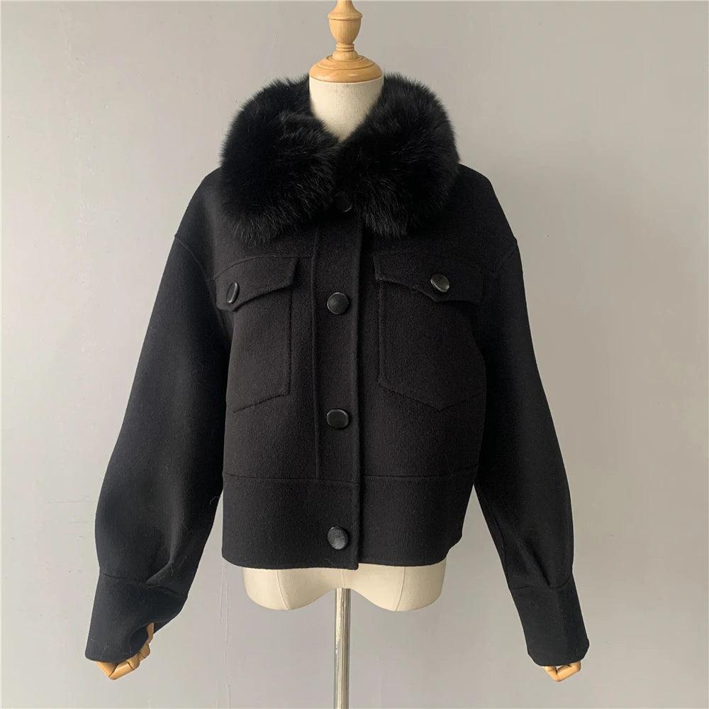 Luxury Women's Cashmere Wool Coat with Real Fur Collar - Winter Cropped Jacket, Full Sleeves & Pockets - Streetwear Outerwear for Cold Weather & Fashion Outings