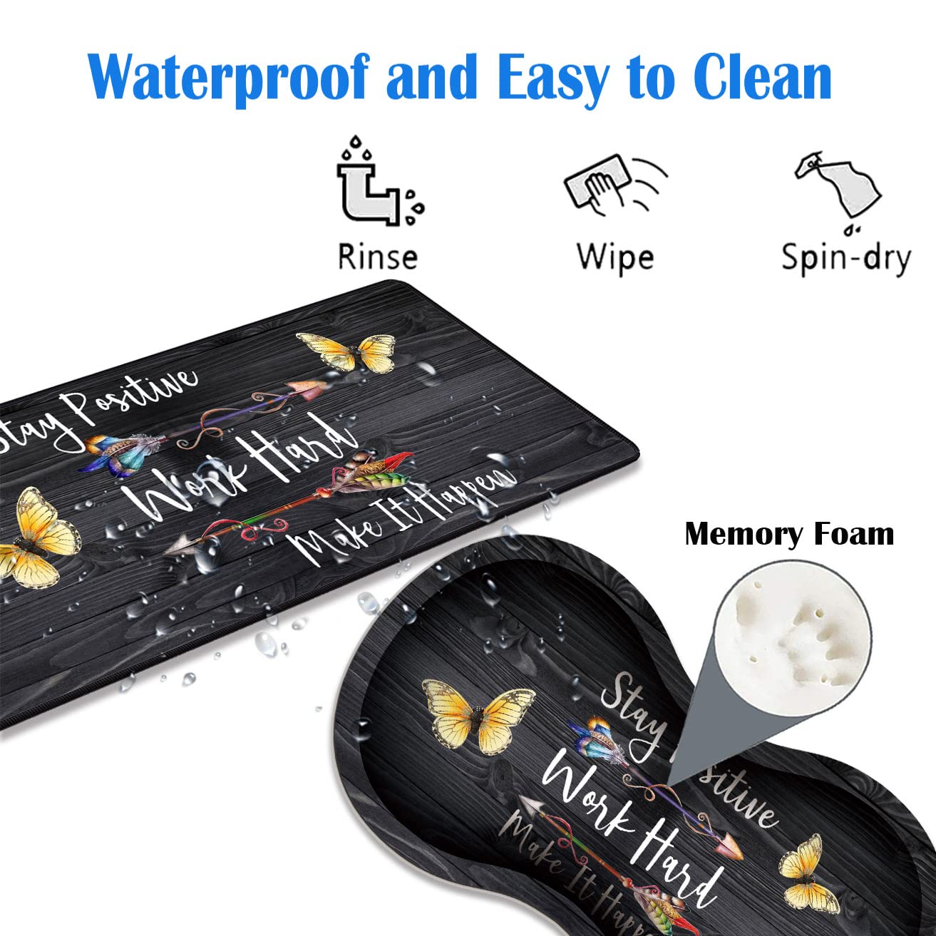 3-Piece Premium Mouse Pad Set with Stitched Edge - Extra Large Non-Slip Desk Mat, Keyboard Pad & Memory Foam Wrist Rest - Includes Bonus Coaster - Motivational 