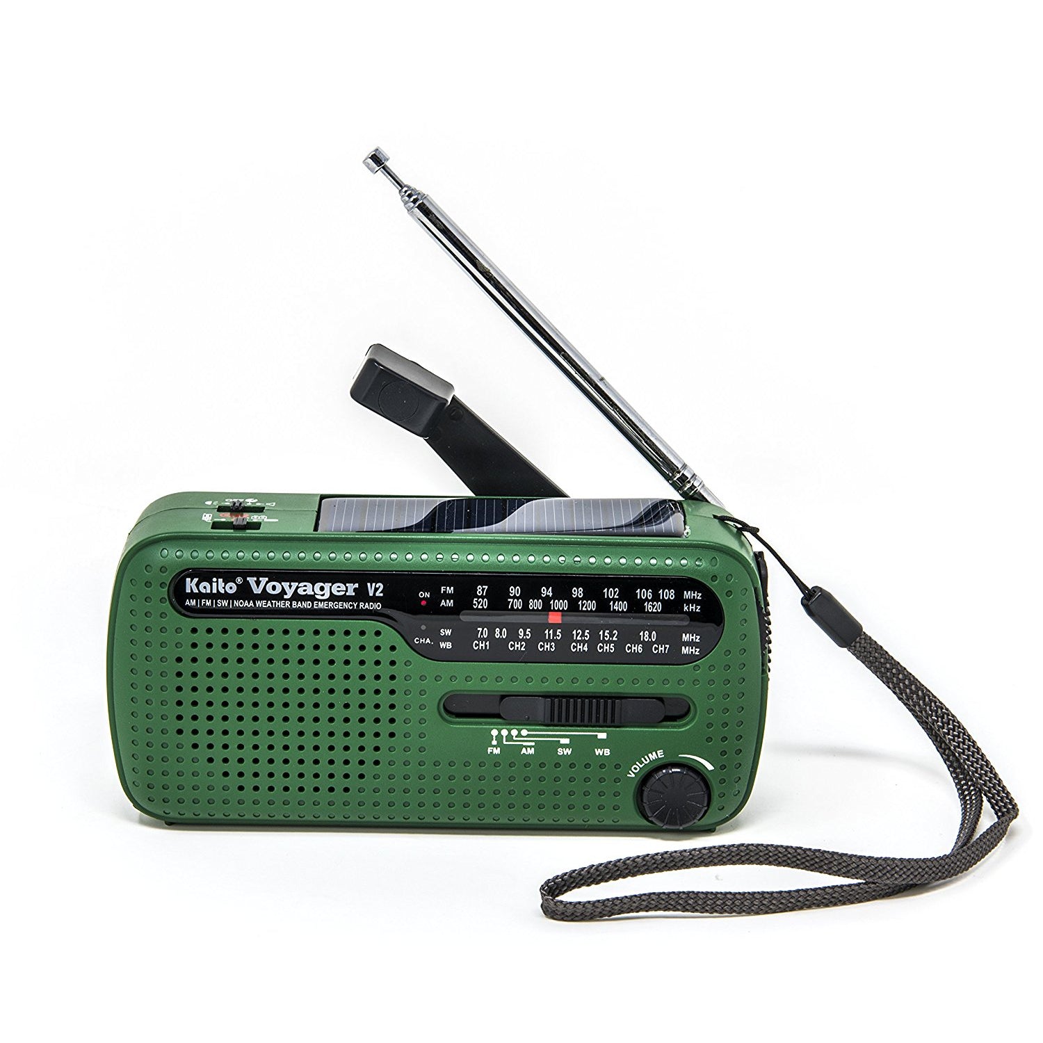 Kaito V2 Best NOAA & SW Portable Solar/Hand Crank AM/FM/Shortwave Weather Emergency Radio with USB Phone Charger & LED Flashlight (Green) - Perfect for Outdoor Camping, Hiking, and Emergency Preparedness