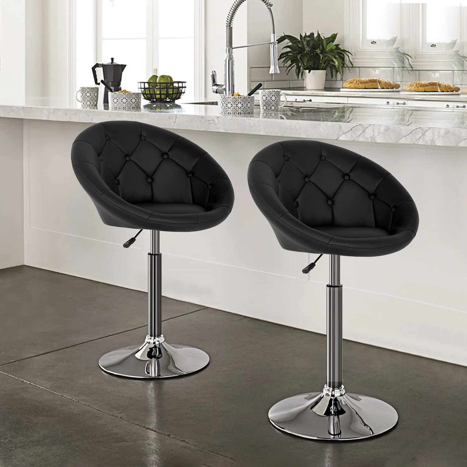 Modern Adjustable Swivel Makeup Chair - PU Leather Vanity Stool with Round Back, Height Adjustable for Living Room, Bedroom & Dressing Room - Grey Accent Chair for Makeup Table, Small Desk & Beauty Salon