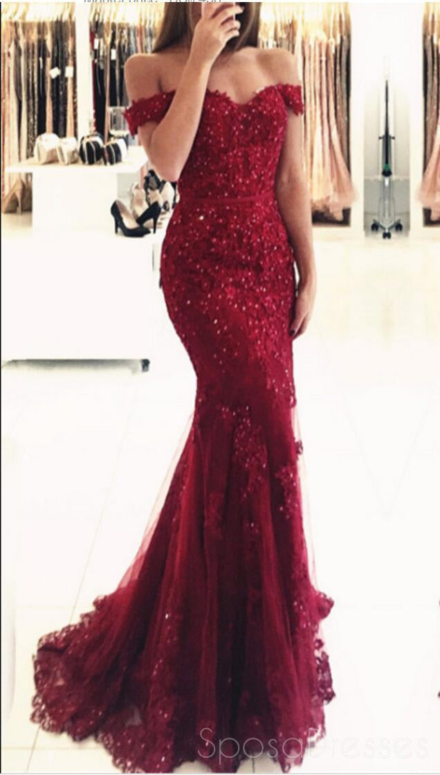 Elegant Off Shoulder Dark Red Lace Beaded Mermaid Evening Prom Dress - Formal Gown for Homecoming, Party & Special Occasions | Style 17207