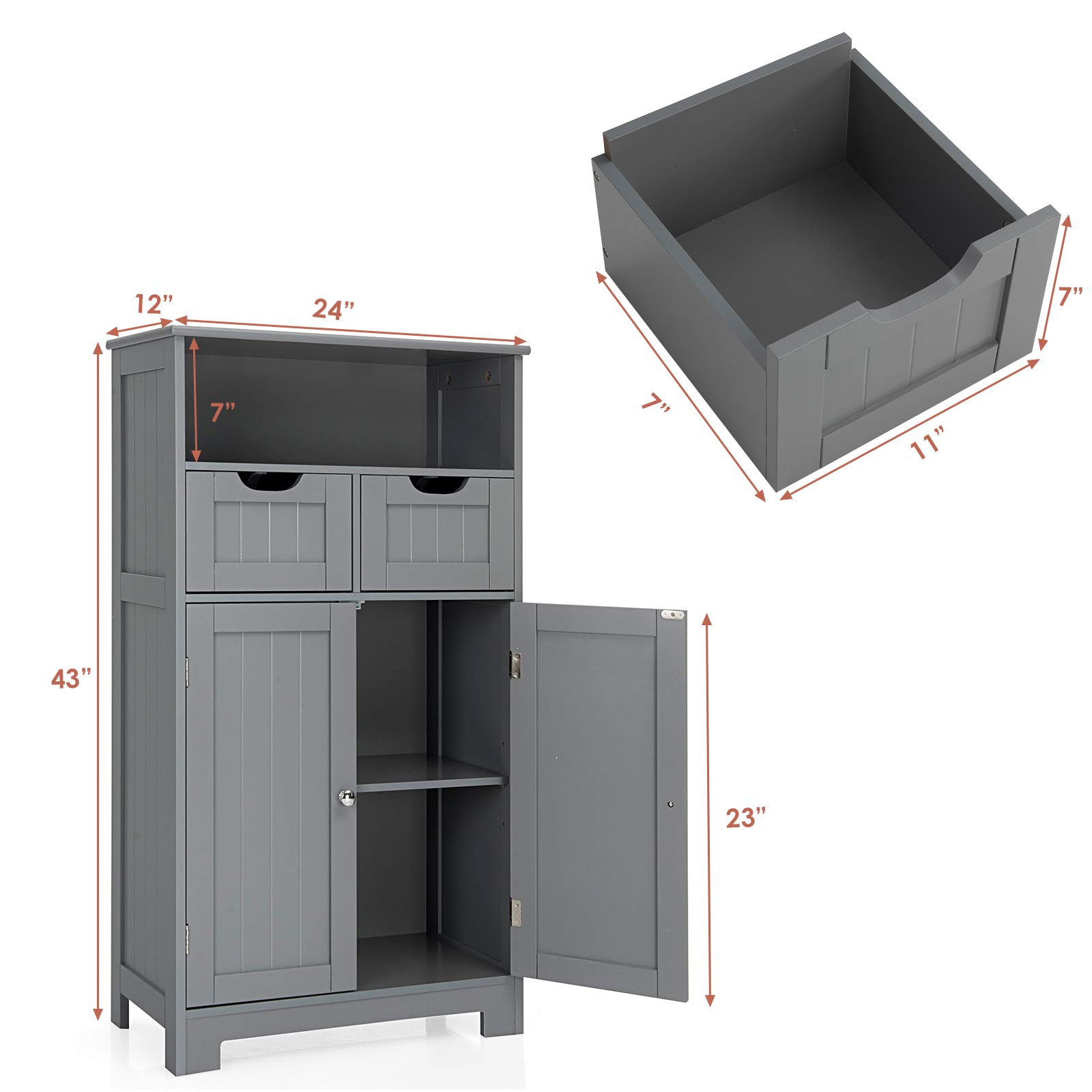 GLACER Multifunctional Floor Storage Cabinet with Removable Drawers & Adjustable Shelf - 24x12x43 Inches, Grey - Perfect for Bathroom Organization, Living Room Decor, Kitchen Storage & Entryway Solutions