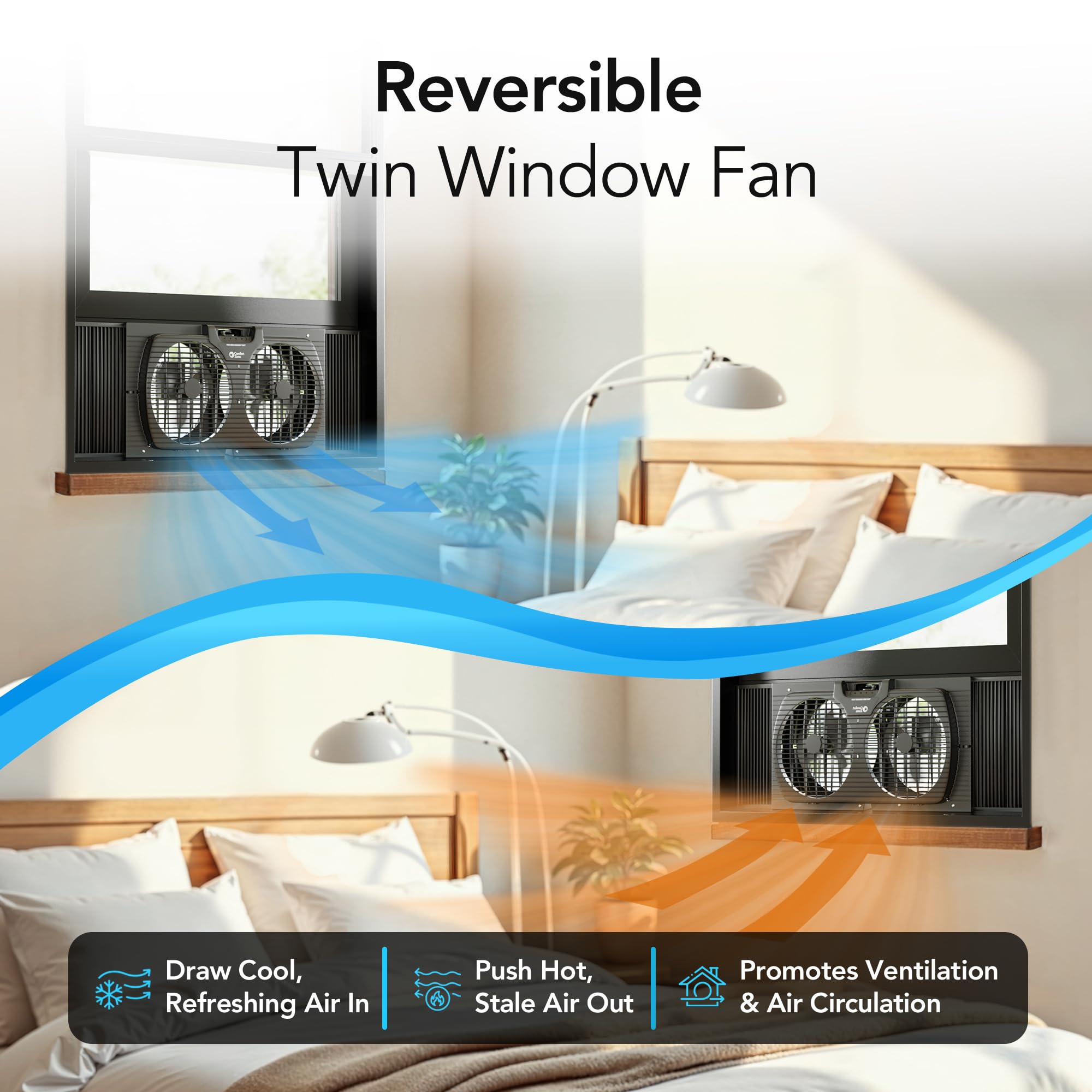 9 Inch Dual Window Fan with 3 Speed Settings - Auto-Locking Expanders & Removable Bug Screen - Quiet Cooling for Bedroom, Office & Home - Black (Ideal for Summer Cooling & Air Circulation)