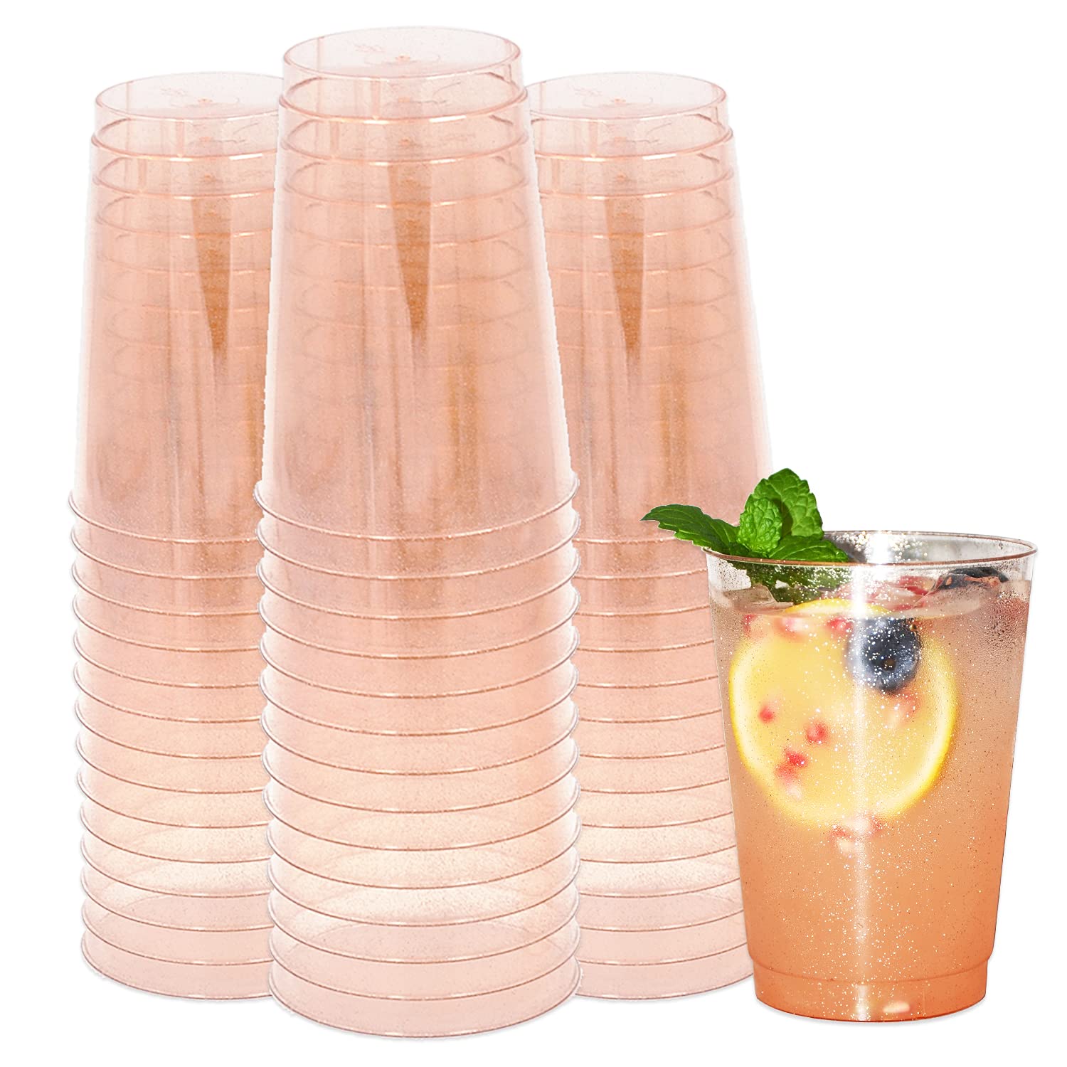 Homy Feel 12 Oz Rose Gold Glitter Plastic Cups - 50 Pack Disposable Party Cups for Cocktails, Wine, Weddings, Valentine's Day & Birthday Celebrations - Elegant Drinkware for Special Occasions