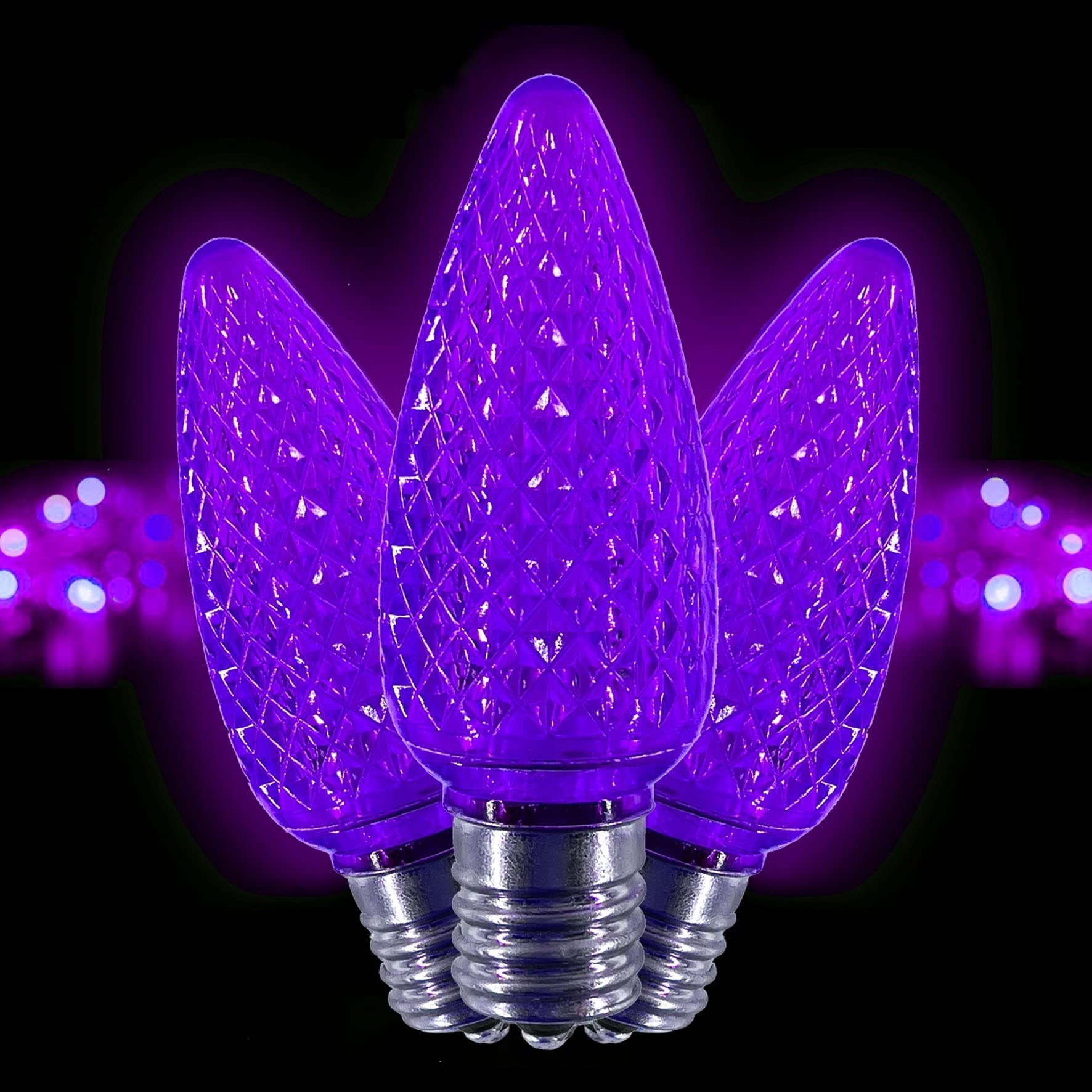 C9 LED Purple Christmas Light Bulbs - Pack of 25, Faceted Retrofit Candle Shape, E17 Socket, Commercial Grade - Perfect for Holiday Decorations, Roof Lighting, and Festive Indoor/Outdoor Use