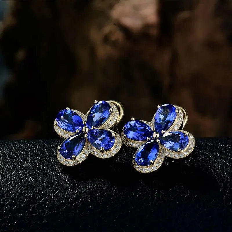 14k Real Yellow Gold Tanzanite & Natural Diamond Pear Stud Earrings 7x9mm for Women | Wedding, Party, Anniversary Gift | Elegant Jewelry for Special Occasions