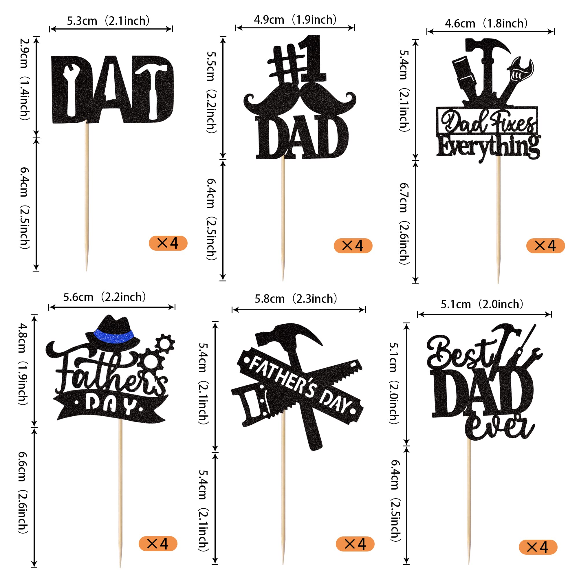 24 Pack Happy Father's Day Cupcake Toppers - Best Dad Ever Glitter Cake Decorations with #1 Dad, Tie, Mustache & Hat Designs for Father's Day Parties, Men's Birthday Celebrations & DIY Cake Decorating (Black)
