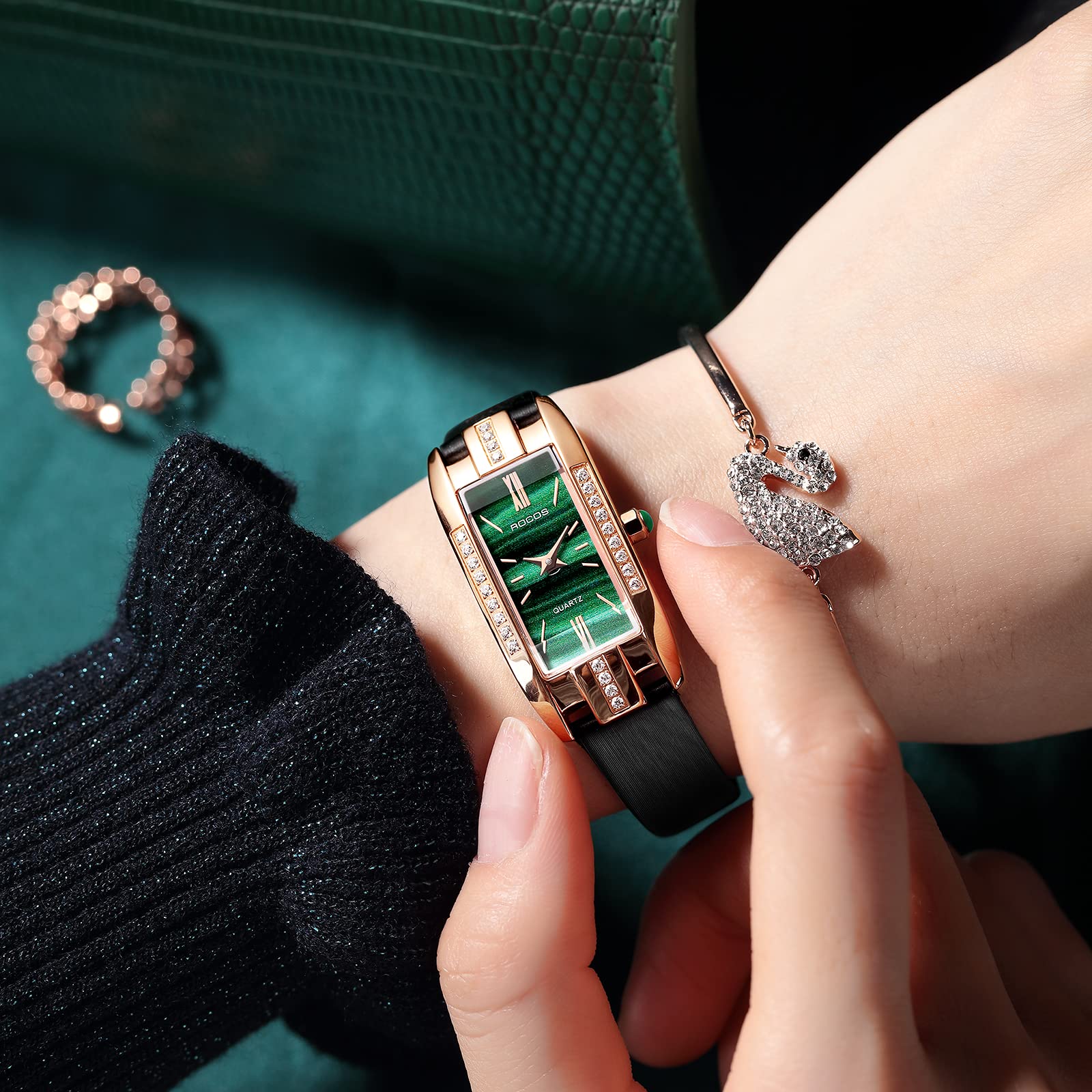 Elegant Women's Watches with Green/Red Dial & Leather Strap - Fashion Quartz Analog Dress Watch for Ladies - Waterproof Casual Diamond Wristwatch RW0209S - Perfect for Office, Party & Everyday Wear