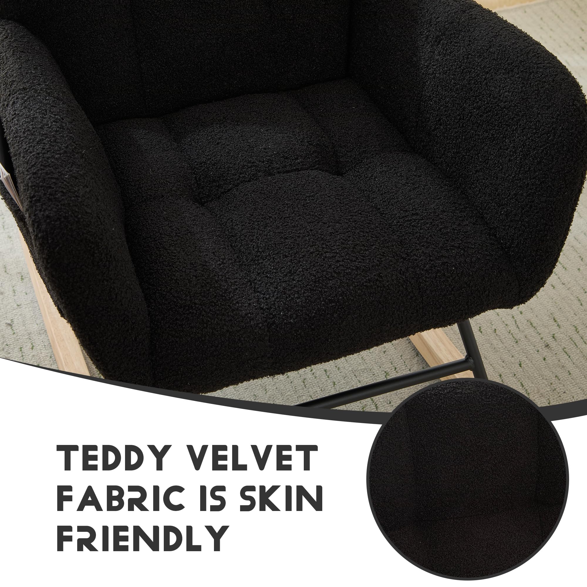 Comfy Teddy Upholstered Glider Rocker Chair with Footrest & High Backrest - Nursery Rocking Armchair with Side Pocket for Living Room, Bedroom, Office (Large Black) | Perfect for Nursing, Reading & Relaxing