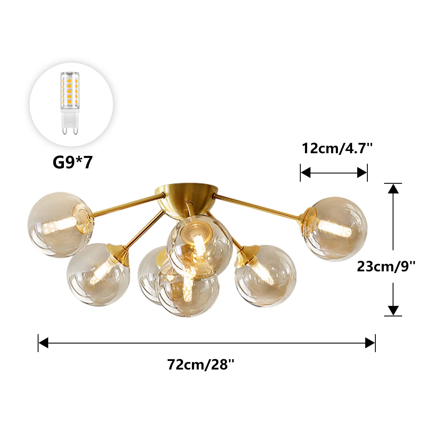 7-Lights Amber Glass Flush Mount Ceiling Light - Brushed Gold Globe Chandelier - Mid Century Modern Fixture for Living Room, Bedroom, Dining Room & Hallway - Warm Ambient Lighting for Home Decor