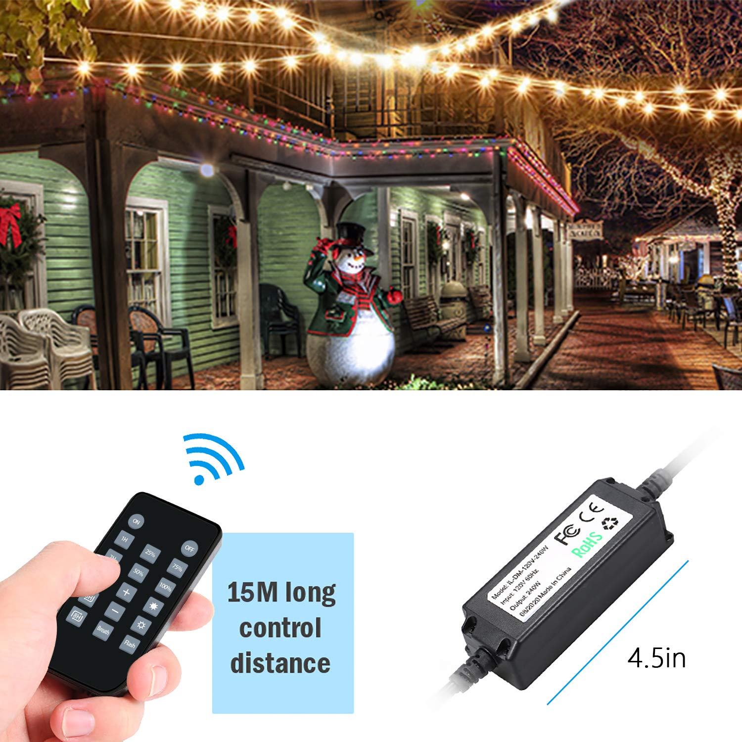 Outdoor Wireless Remote Control Dimmer for String Lights - 240W Plug-in Dimmer with 50Ft Range, Compatible with LED & Incandescent String Lights, 3-Prong Plug - Perfect for Patio, Garden, and Backyard Lighting