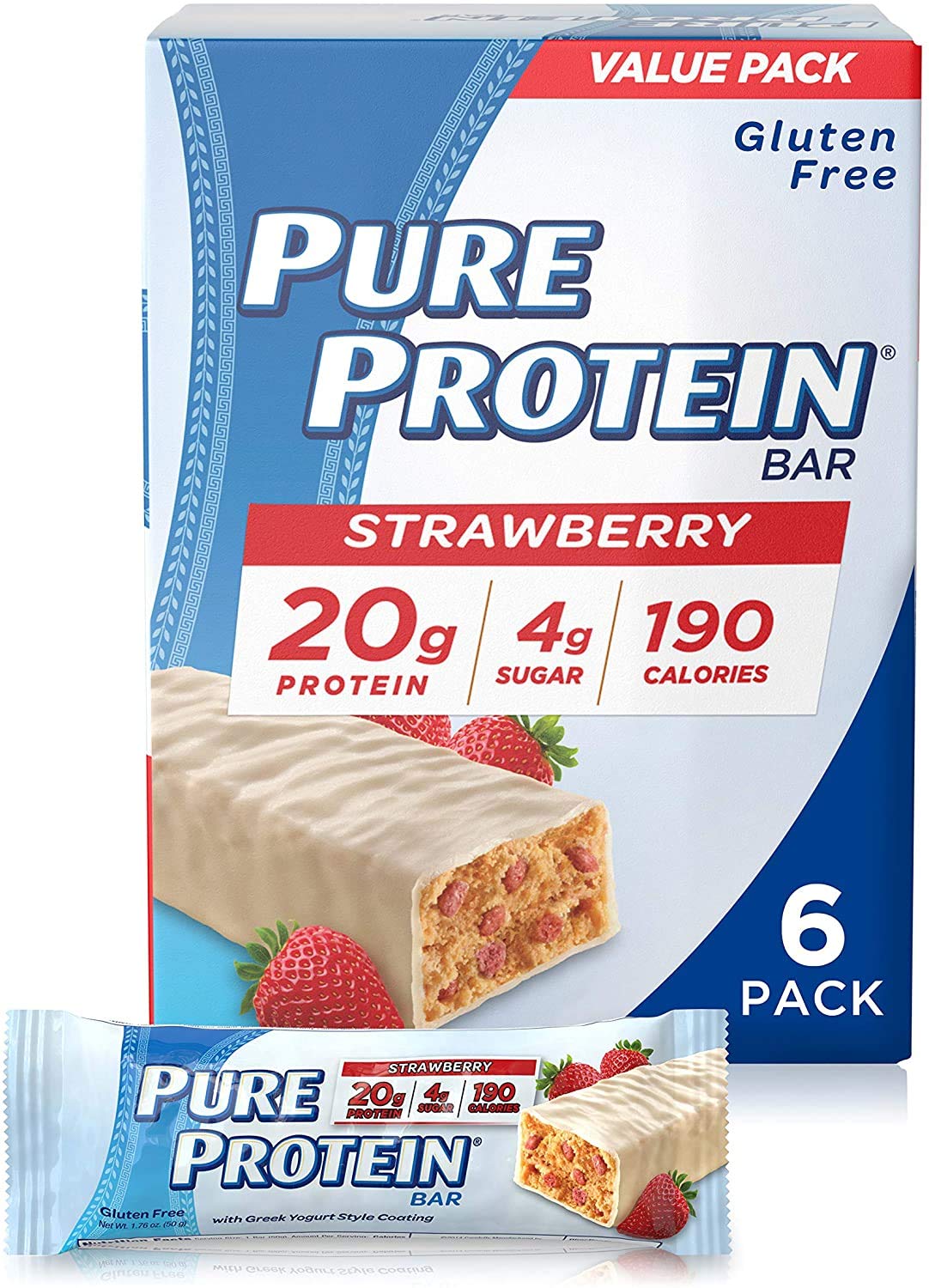 Pure Protein Bars - High Protein, Low Sugar, Gluten Free Snacks for Energy | Strawberry Greek Yogurt Flavor | 1.76oz Bars (6 Count, Pack of 3) - Perfect for Gym, Hiking & Healthy On-the-Go Snacking