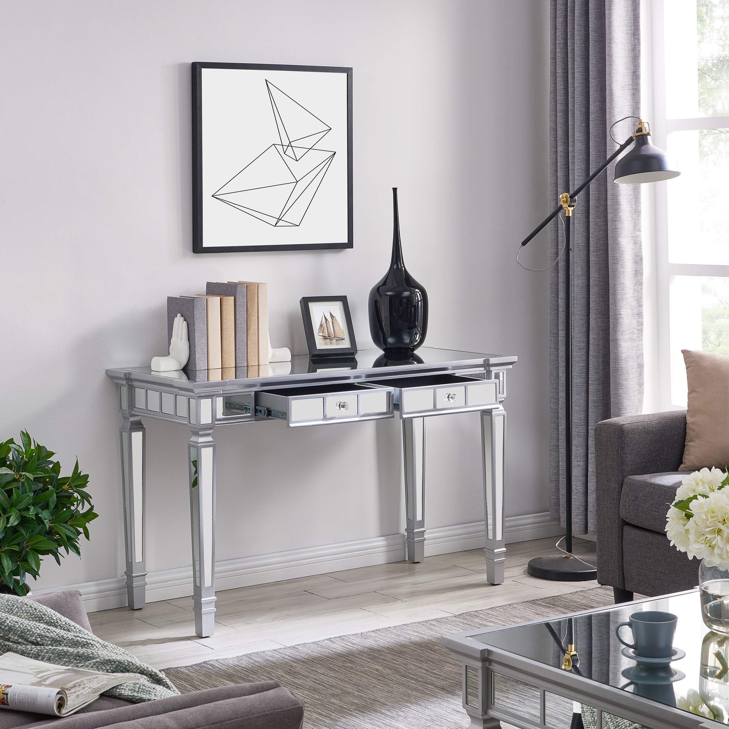 SEI Furniture Glenview Glam Mirrored Writing Desk with Drawers - Matte Silver Finish | Elegant Vanity Desk for Bedroom, Home Office & Dressing Room