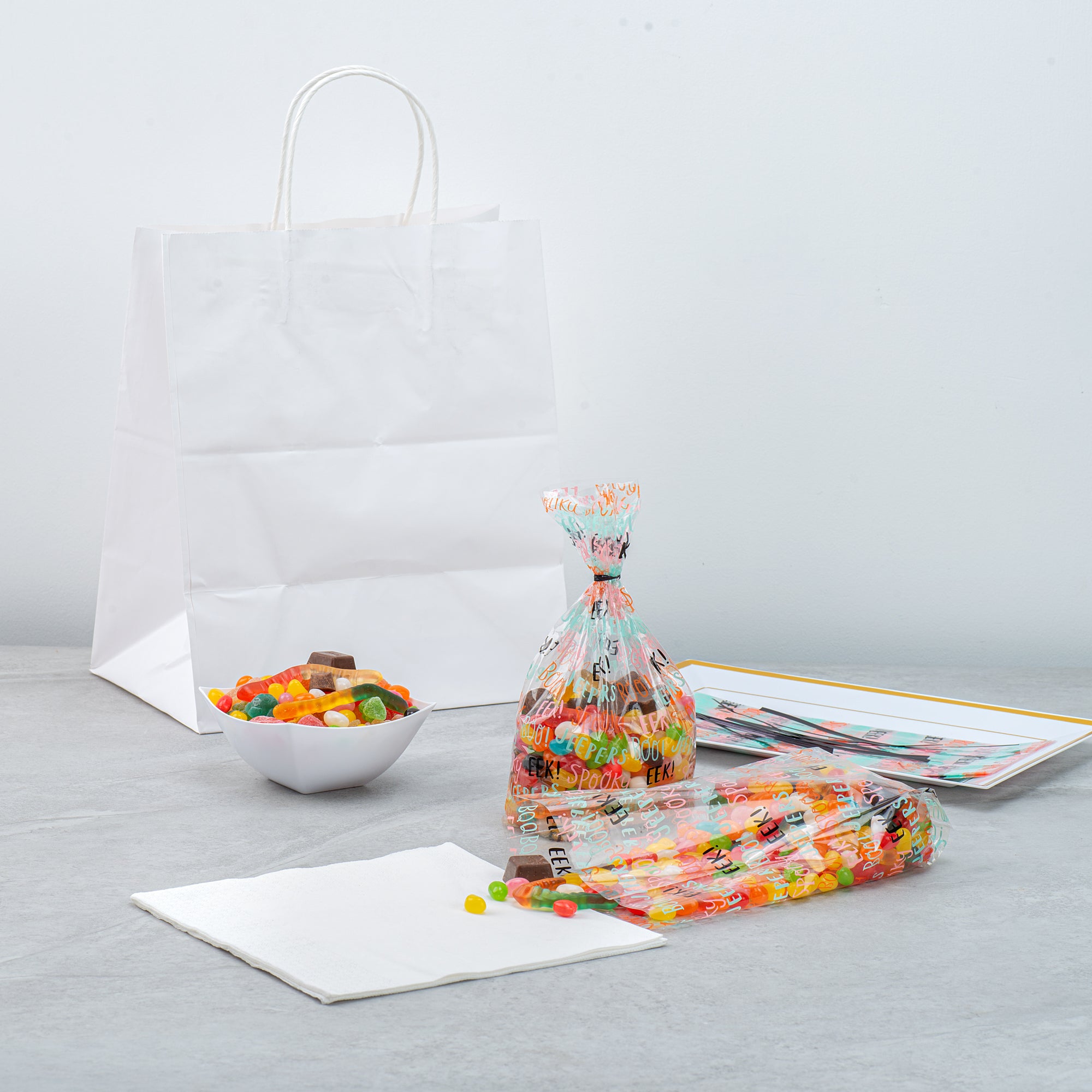 Halloween Plastic Candy Bags with Words - 4 x 2 x 9.5 Inch Gusseted Treat Bags (4000 Count Bulk Box) - Perfect for Trick-or-Treat, Party Favors & Candy Packaging
