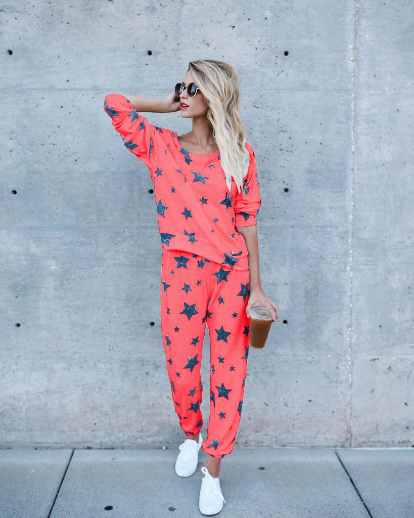 2-Piece Women's Casual Tracksuit Set - Long Sleeve Star Print Sweatshirt & Jogger Pants Outfit | Comfortable Lounge Wear for Yoga, Running & Street Fashion