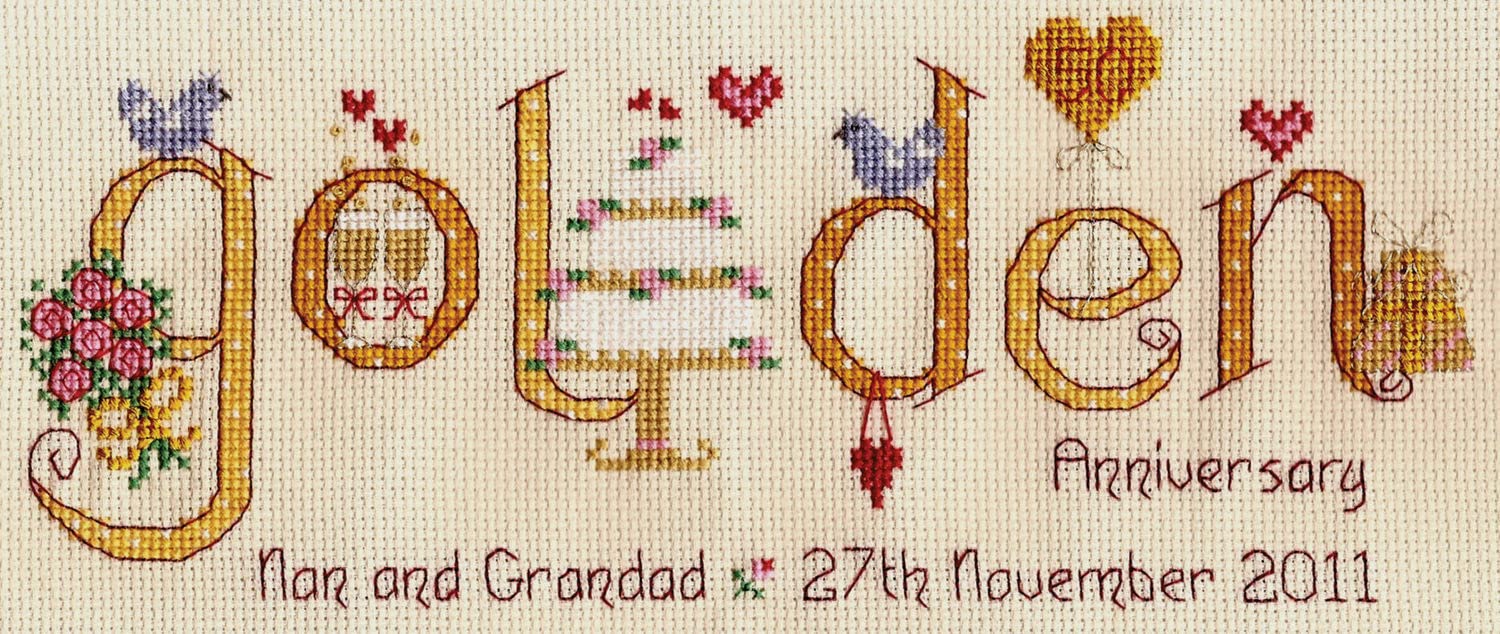 Golden Wedding Anniversary Cross Stitch Kit - NIA Word Sampler Embroidery Set for 50th Anniversary Gifts, DIY Home Decor & Keepsake