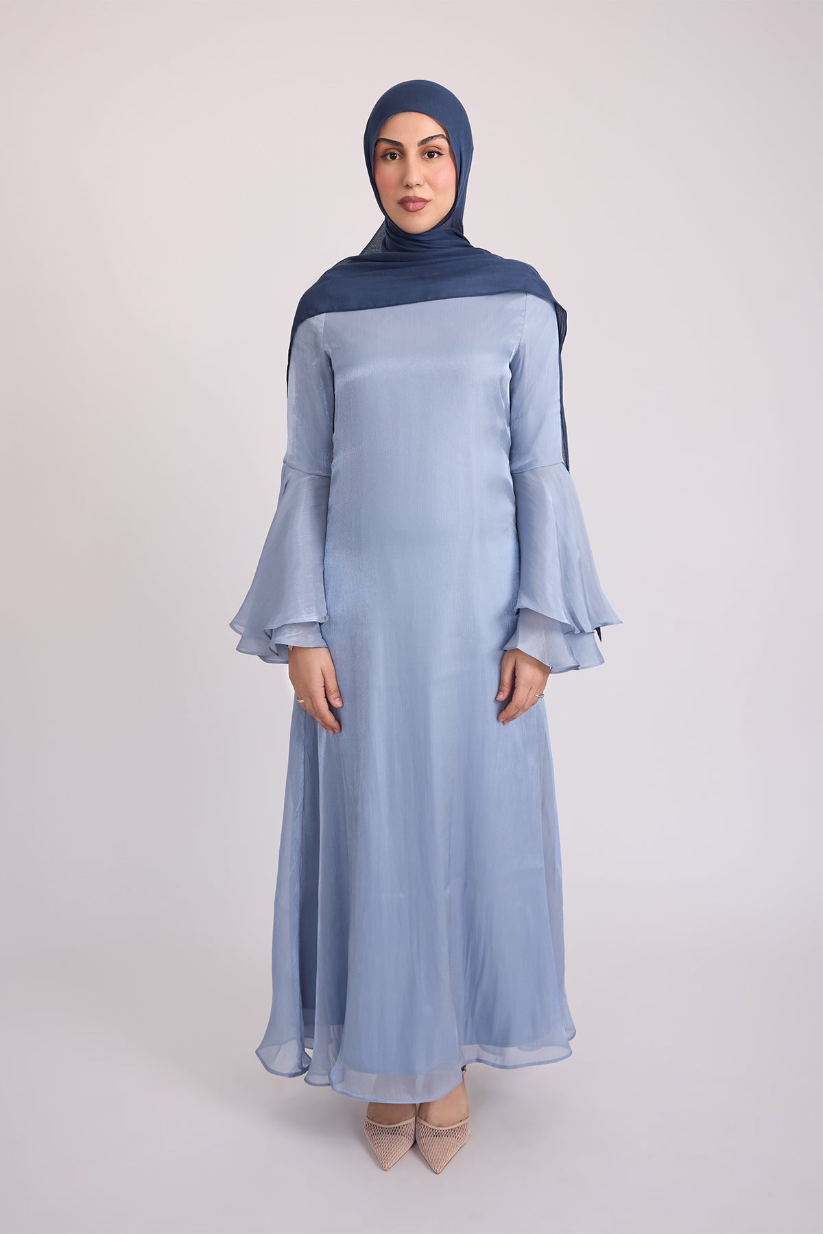 Vivienne Women's Large Ruffle Sleeve Dress in Sea Blue - Elegant Flowy Midi Dress for Weddings, Parties & Special Occasions