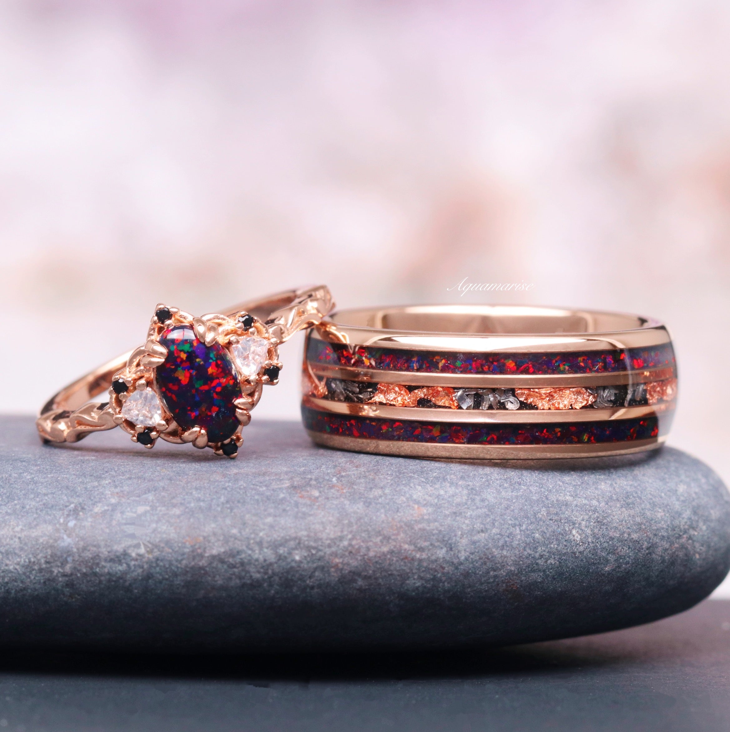 Black Fire Opal & Meteorite Wedding Band - 8MM Rose Gold Tungsten Ring for Men - Unique Handmade Meteorite Jewelry for Engagement, Anniversary & Special Occasions
