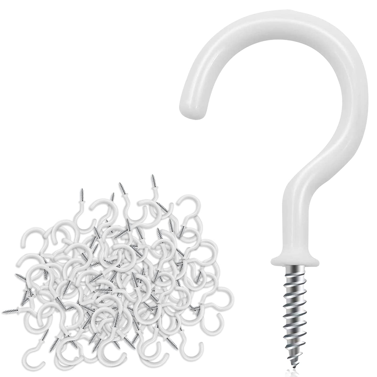 1 Inch White Vinyl Coated Cup Screw Hooks - 100 Pack Heavy Duty Ceiling Hooks for Plants, Wind Chimes & Kitchen - Indoor Outdoor Hanging Solution for Home, Garden & Garage Organization