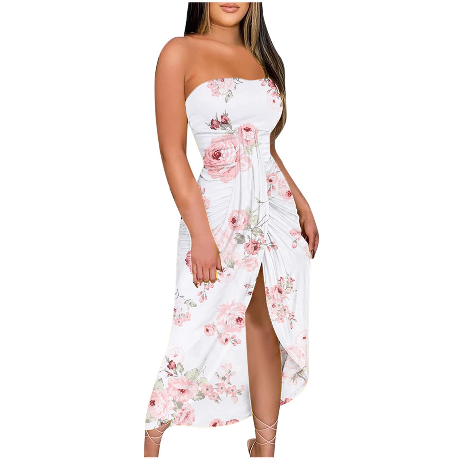 Women's Summer Floral Maxi Dress - Casual Strapless Asymmetrical Wrap Dress with Side Slit & Pleated Skirt | Beach Vacation, Party, Date Night Outfit