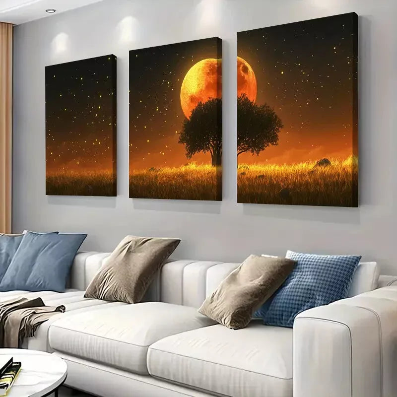 3-Piece Enchanted Moonlit Meadow Framed Canvas Wall Art Set - 40x60cm High Quality Print | Australian Made | Ready to Hang | Perfect for Living Room, Bedroom & Office Decor