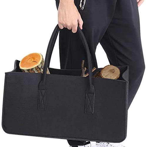 Ecaqlin Firewood Storage Bag - Foldable Felt Firewood Holder Basket with Magazine Rack, Gray - Perfect for Fireplace Wood Storage and Living Room Organization