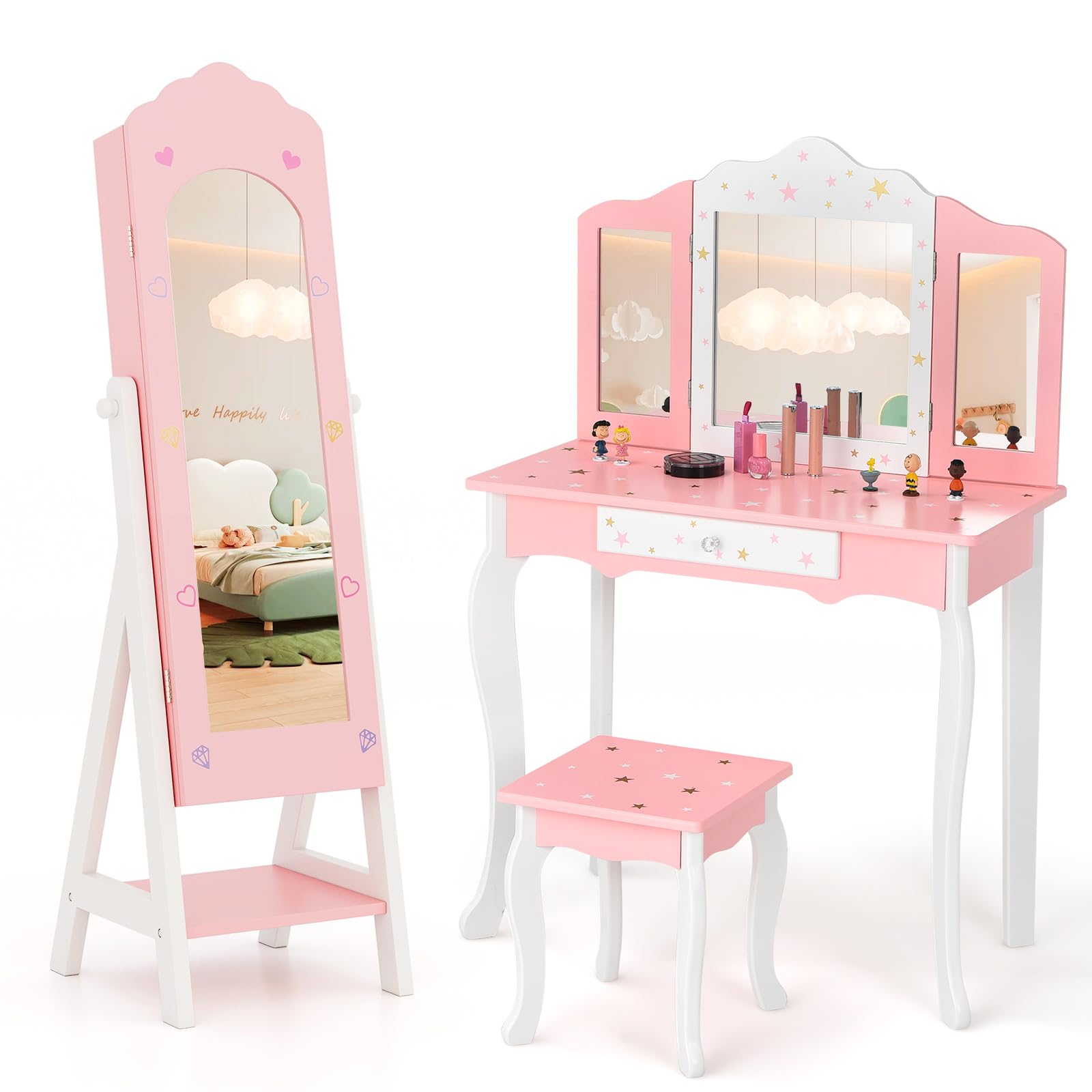 Costzon Kids Vanity & Jewelry Armoire Cabinet with Full-Length Mirror - Pink Makeup Vanity Table & Chair Set for Girls, Standing Jewelry Organizer - Perfect for Bedroom Decor, Birthday Gifts & Pretend Play
