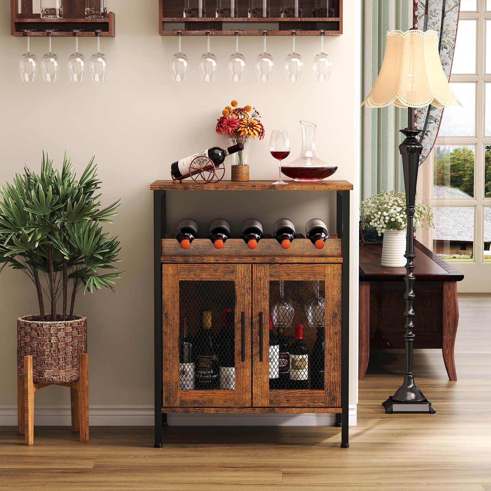 X-cosrack Rustic Brown Wine Bar Cabinet with Detachable Wine Rack & Glass Holder - Coffee Bar Sideboard Buffet Cabinet with Mesh Door - Perfect for Dining Room, Kitchen & Home Bar Storage (Patent Pending)