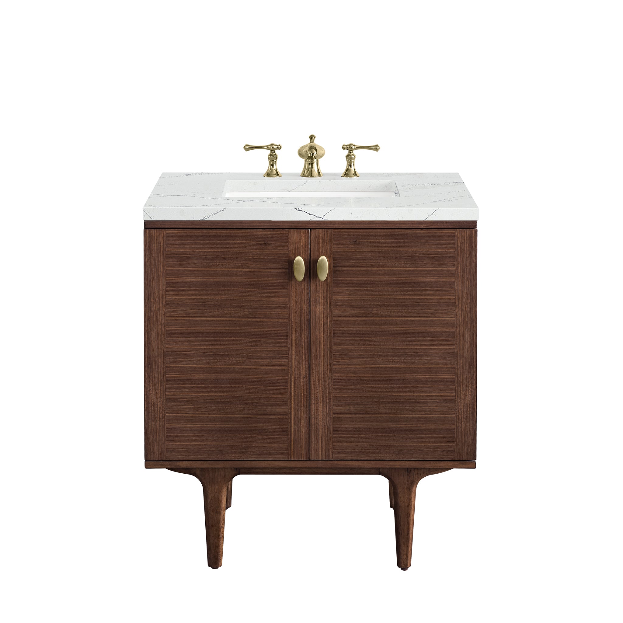 Amberly 30 Inch Single Bathroom Vanity with Mid Century Walnut Finish & 3CM Ethereal Noctis Quartz Top - Perfect for Modern Farmhouse, Scandinavian or Transitional Style Bathrooms