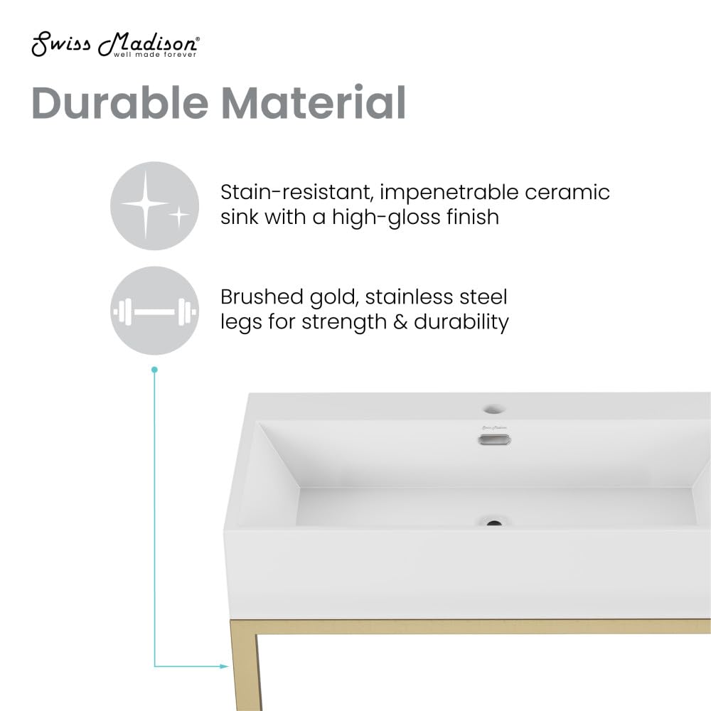Concorde 30 Inch Modern Rectangle Bathroom Console Sink with Brushed Gold Legs - Perfect for Vanity, Powder Room, and Guest Bathroom Decor