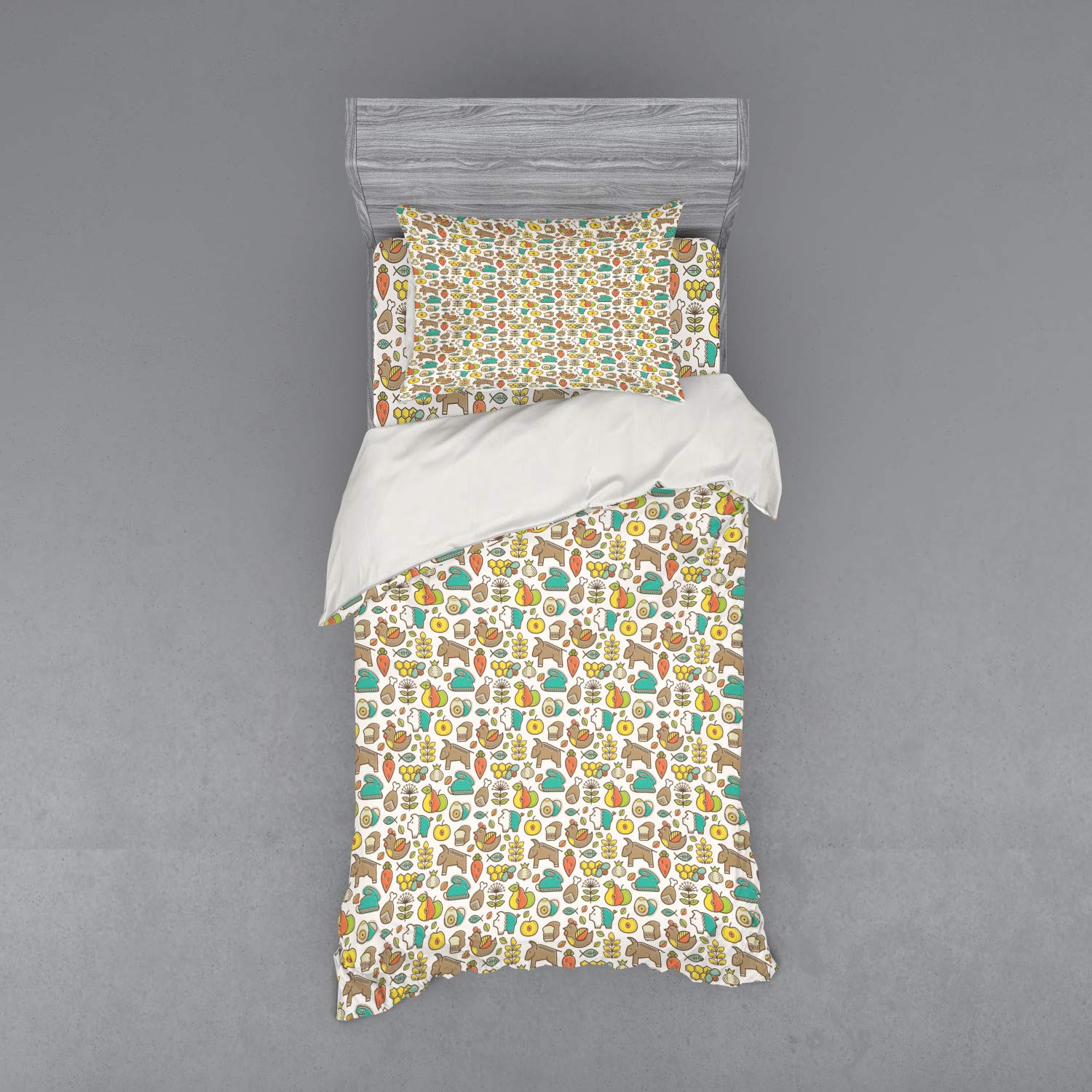 Ambesonne Colorful 3-Piece Duvet Cover Set with Sham & Fitted Sheet - Twin Size Animal Print Bedding Featuring Chicken, Horse, Apple, Bread, Fish & Cereals - Vibrant Multicolor Design for Kids' Room, Dorm Decor or Whimsical Bedroom Makeover