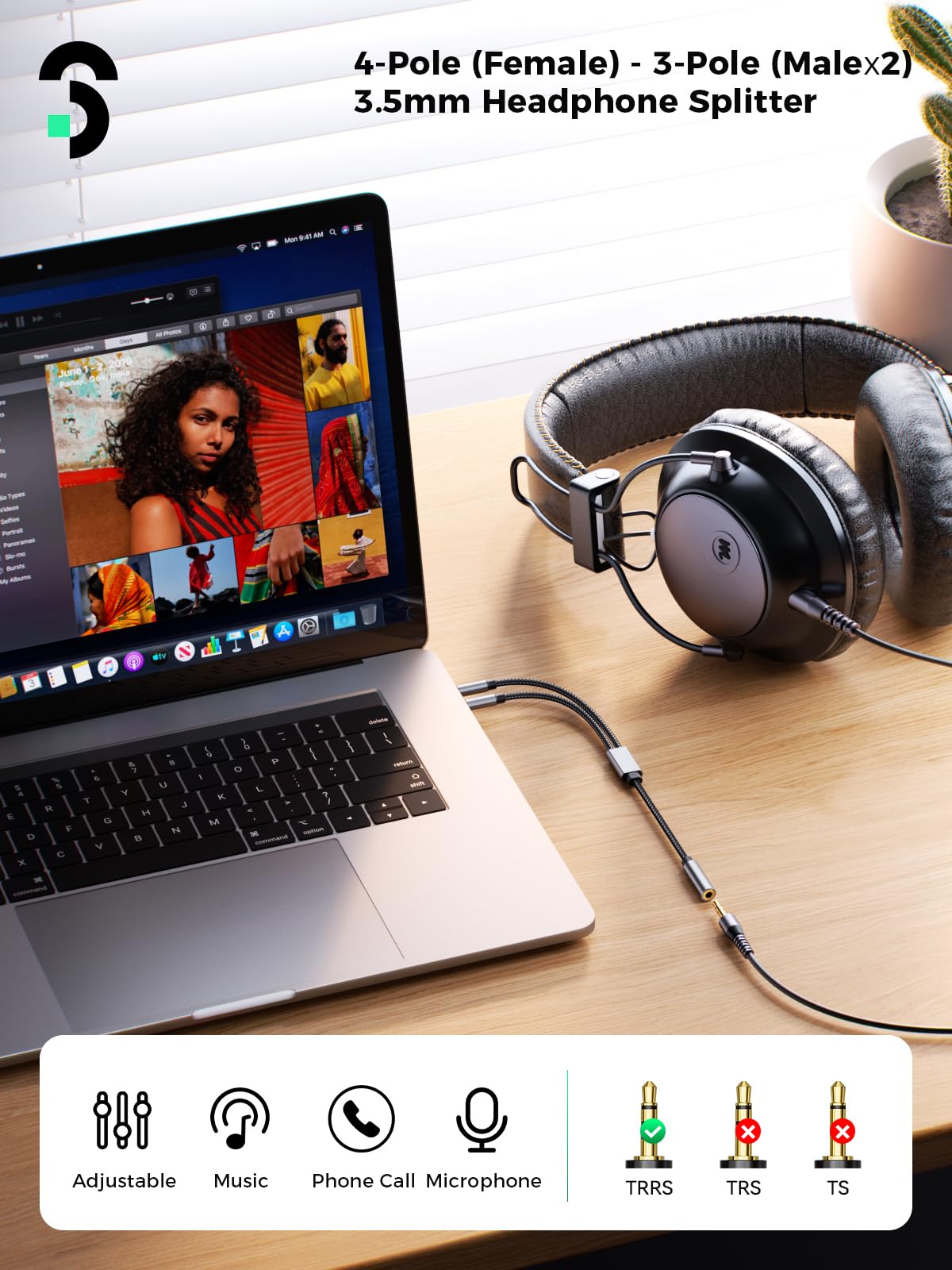 SOOMFON 3.5mm Headphone Mic Splitter - Aux Female to 2 Male Dual Jack Adapter - 24K Gold-Plated Stereo Audio Splitter for Gaming Headset, Earphone, Laptop, PS4 - 2-Way Sharing for Music, Movies & Gaming (30cm/1ft)