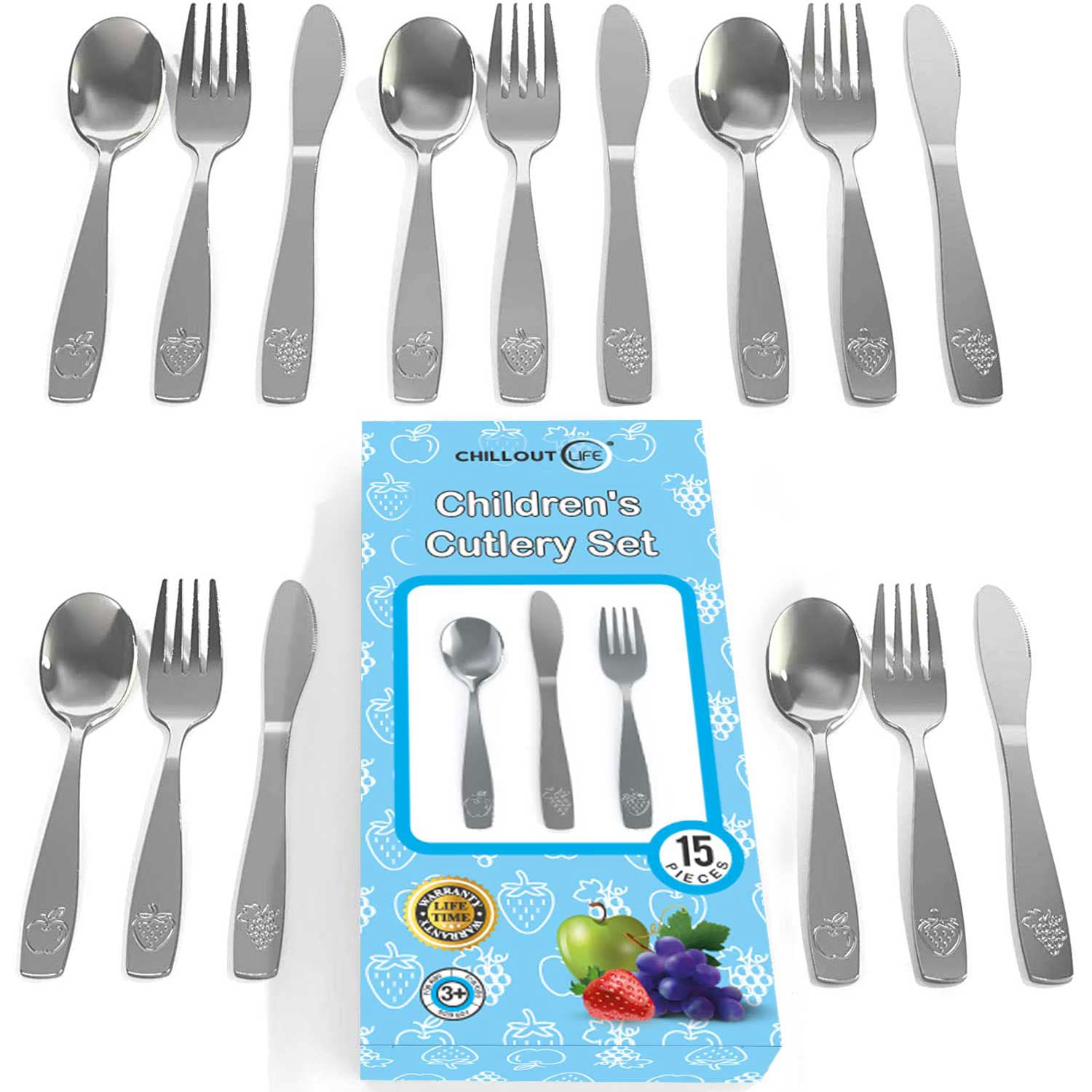 CHILLOUT LIFE 15-Piece Stainless Steel Kids Silverware Set - Safe Toddler & Child Flatware Utensils - 5 Spoons, 5 Forks, 5 Knives - Durable Metal Cutlery for Home, School Lunch & Travel