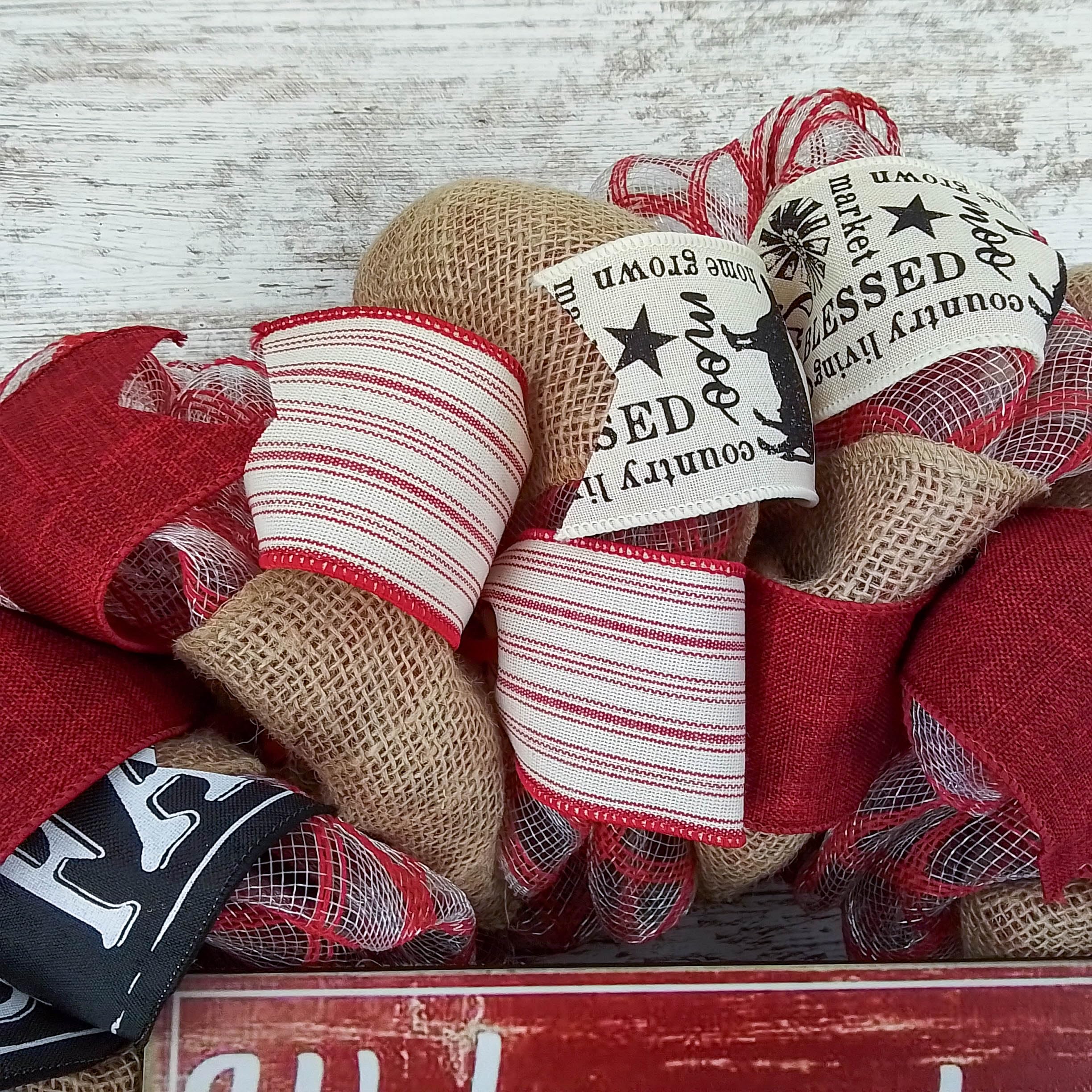 Farmhouse Wreath - Rustic Burlap Decor for Everyday & Mother's Day - Red and Black Burlap Wreath for Front Door, Wall Decor, and Seasonal Home Decorating