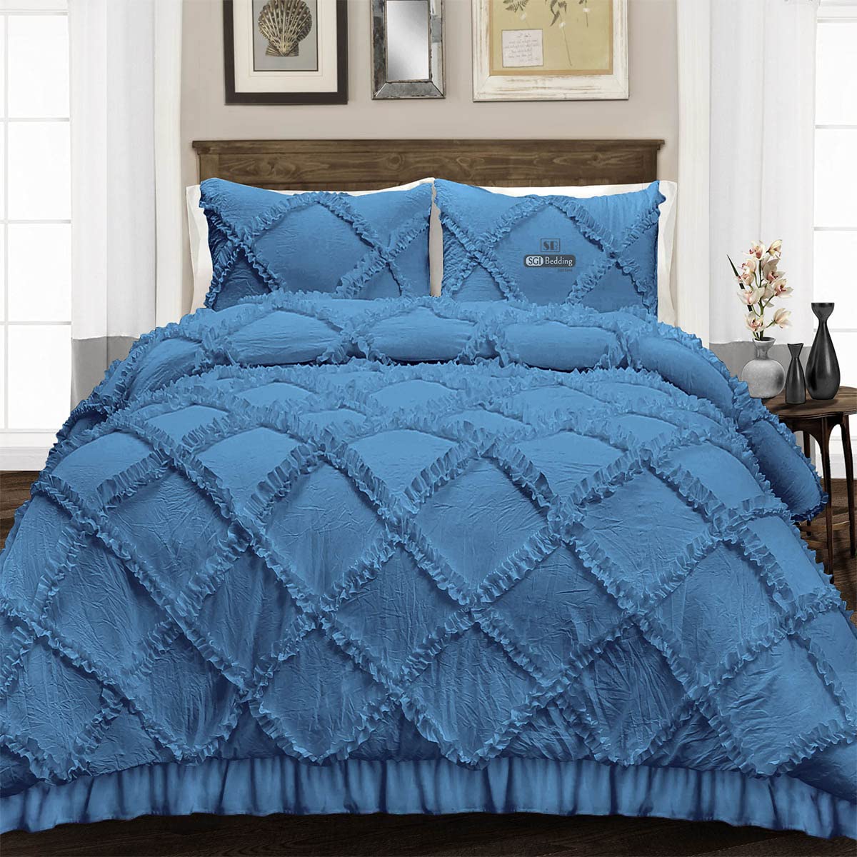 Premium Egyptian Cotton 600 Thread Count King/Cal King Duvet Cover Set - Ultra Soft, Breathable 3-Piece Bedding with Zipper Closure & Corner Ties in Mediterranean Blue Diamond Ruffle Design | Perfect for Master Bedrooms, Guest Rooms & Luxury Hotels