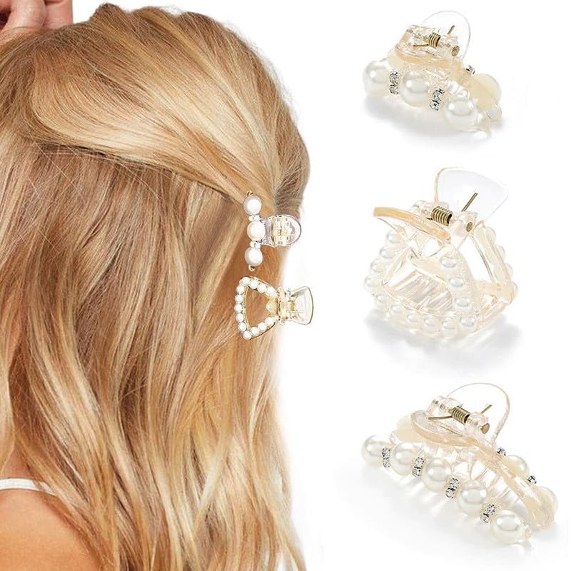 FAMEZA 3-Pack White Pearl Hair Clips for Women & Girls - Non-Slip Crystal Hair Claw Clamps, Stylish Hair Accessories for Everyday Wear, Parties & Weddings