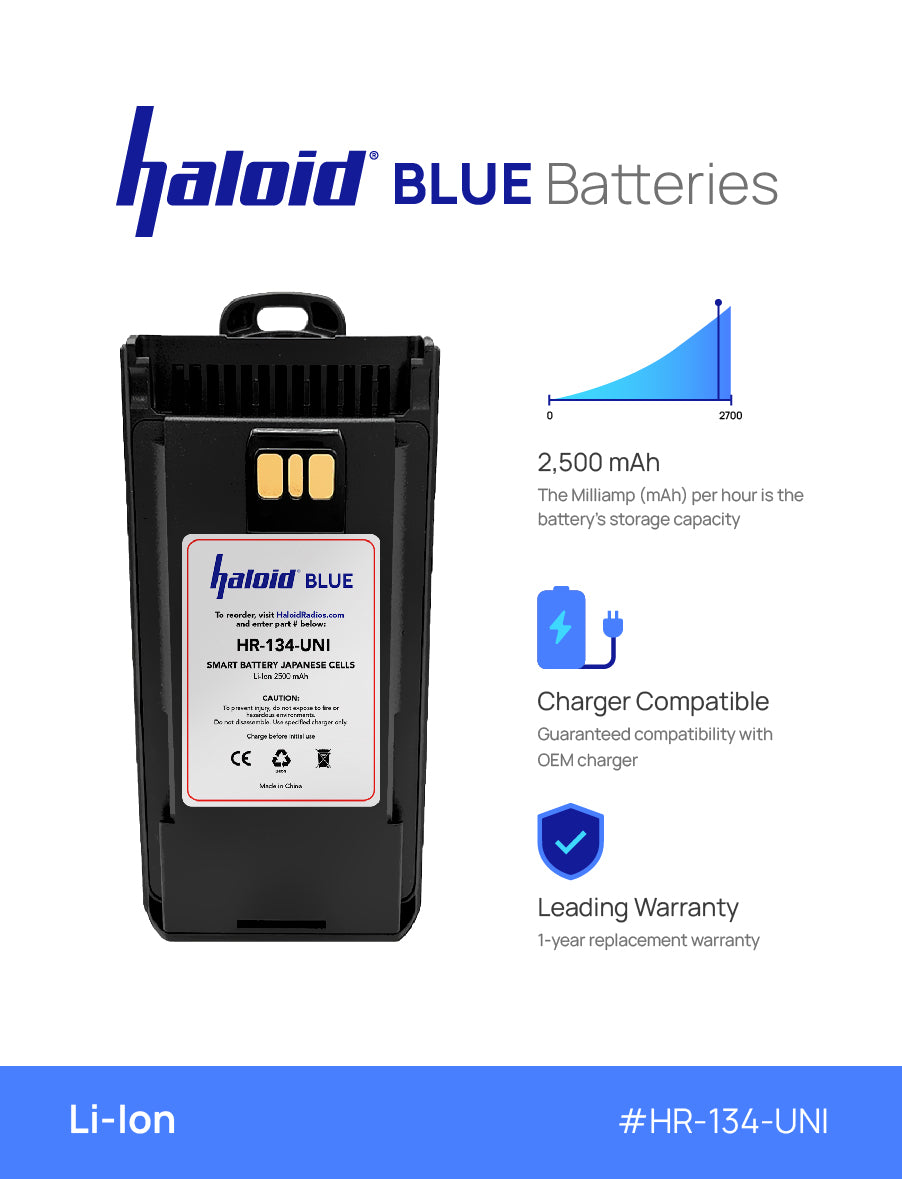 Haloid BLUE HR 134 UNI Lithium Battery - Replacement for EVX261 EVX530 EVX534 EVX539 VX260 VX261 VX264 VX450 VX459 - Power Your Two-Way Radios for Outdoor Adventures & Emergency Communications